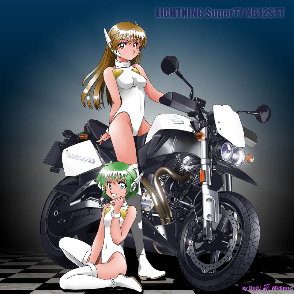 maki michaux, multi (to heart), serio (to heart), to heart, to heart (series), vehicle, white legwear, arm behind back, boots, character name, checkered floor, from side, full body, gradient background, halterneck, high heel boots, high heels, legs, leotard, motor vehicle, motorcycle, robot ears, sitting, thigh boots, thighhighs