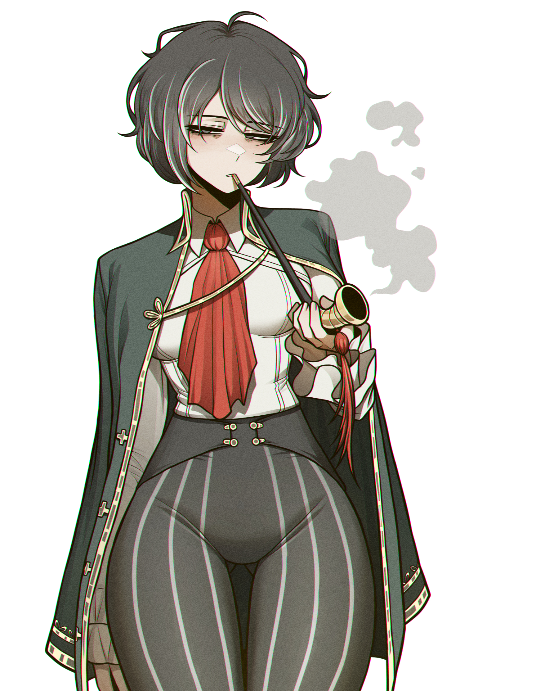 misg1111, moses (project moon), project moon, highres, 1girl, black hair, black pants, breasts, coat, coat on shoulders, collared shirt, cowboy shot, facing viewer, frilled sleeves, frills, green coat, grey eyes, holding, holding smoking pipe, light blush, medium breasts, multicolored hair, neckerchief, pants, parted lips, red neckerchief, shirt, short hair, simple background, smoke, smoking, smoking pipe, solo, streaked hair, the distortion detective, thigh gap, thighs, two-tone hair, white background, white hair, white shirt, white streaks