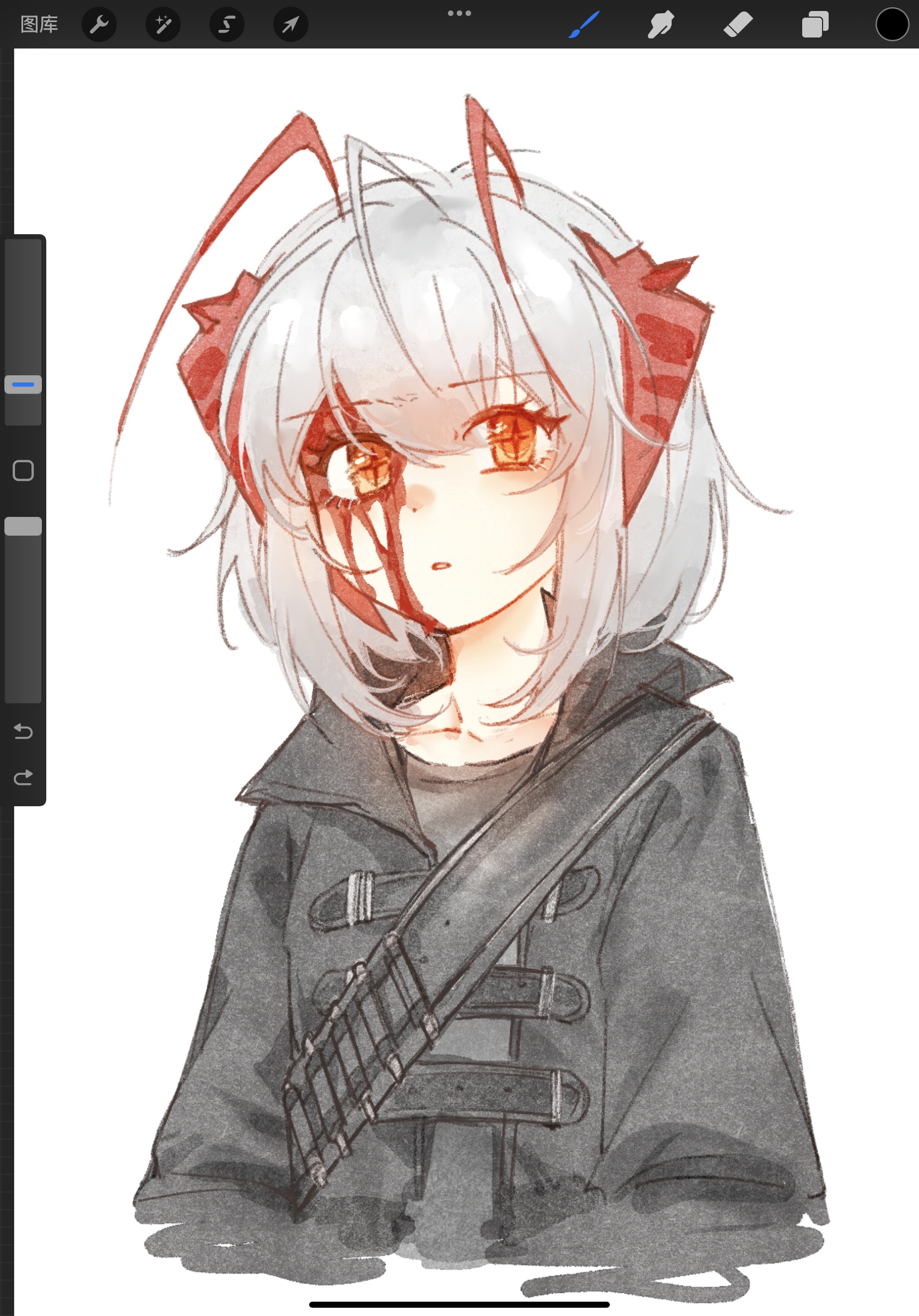 softtoast, w (arknights), arknights, highres, unfinished, 1girl, ahoge, antenna hair, arrow (symbol), art program in frame, black jacket, bleeding, blood, blood from forehead, blood on face, cropped torso, grey hair, injury, jacket, looking at viewer, multicolored hair, orange eyes, parted lips, procreate (software), red hair, short hair, solo, streaked hair