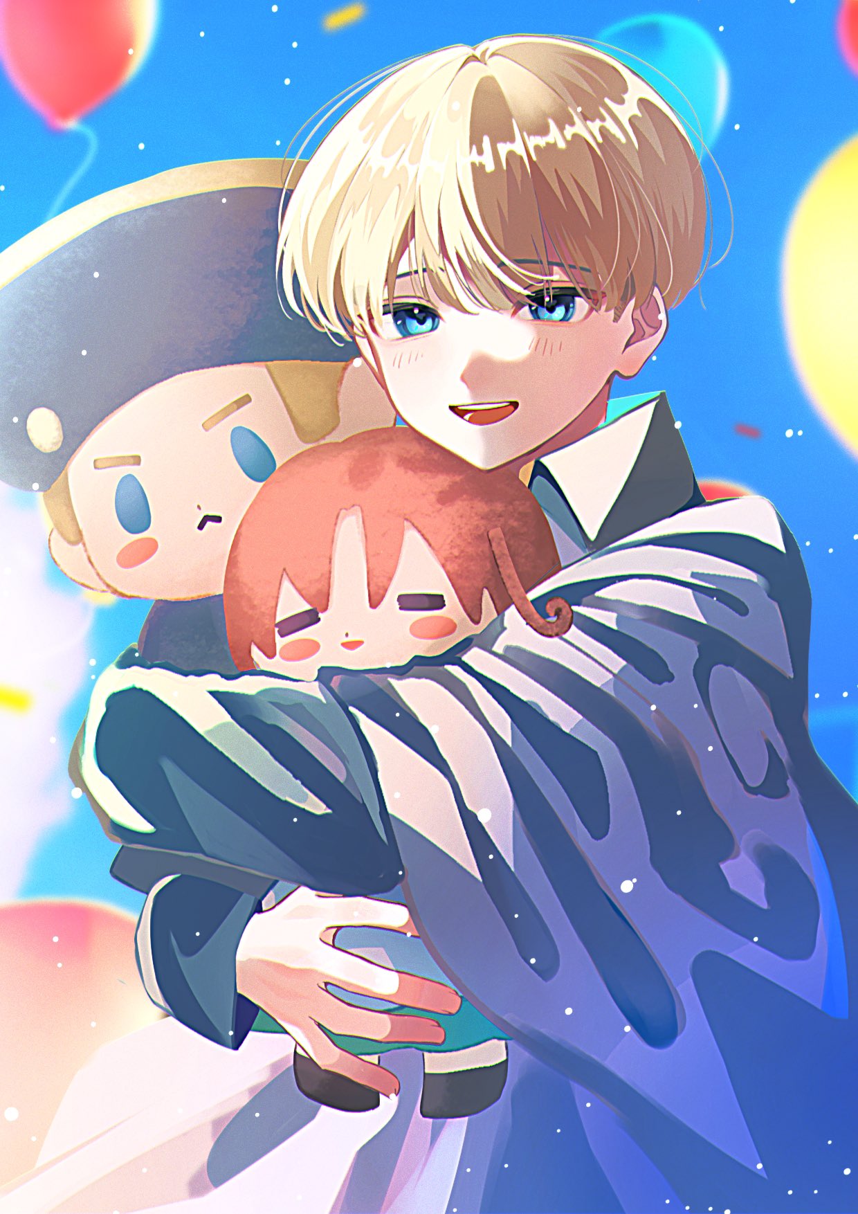 chibitalia (hetalia), holy roman empire (hetalia), northern italy (hetalia), axis powers hetalia, highres, 1boy, ahoge, balloon, black boots, black cape, black hat, blonde hair, blue eyes, blue sky, blush, blush stickers, boots, cape, character doll, closed eyes, confetti, day, doll, hair between eyes, hat, hugging doll, hugging object, long sleeves, looking at viewer, male focus, nonnon57069313, open mouth, orange hair, outdoors, short hair, sky, smile, solo, standing, teeth, v-shaped eyebrows, wide sleeves