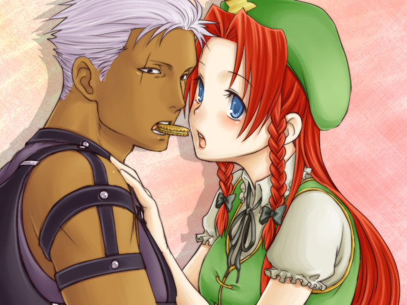 esaka, hong meiling, krizalid, m.u.g.e.n, snk, the king of fighters, touhou, bad id, bad pixiv id, 1boy, 1girl, braid, china dress, chinese clothes, cookie, couple, crossover, dark skin, dress, eating, food, hetero, long hair, red hair, ribbon, twin braids, twintails