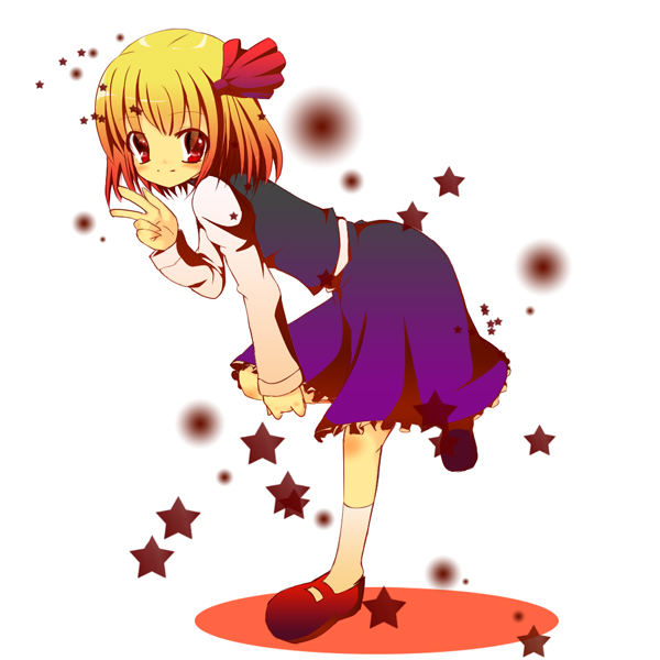 sora tsuki, sora tsuki24, rumia, embodiment of scarlet devil, touhou, 1girl, bent over, blonde hair, female focus, full body, red eyes, ribbon, short hair, solo, standing, white background