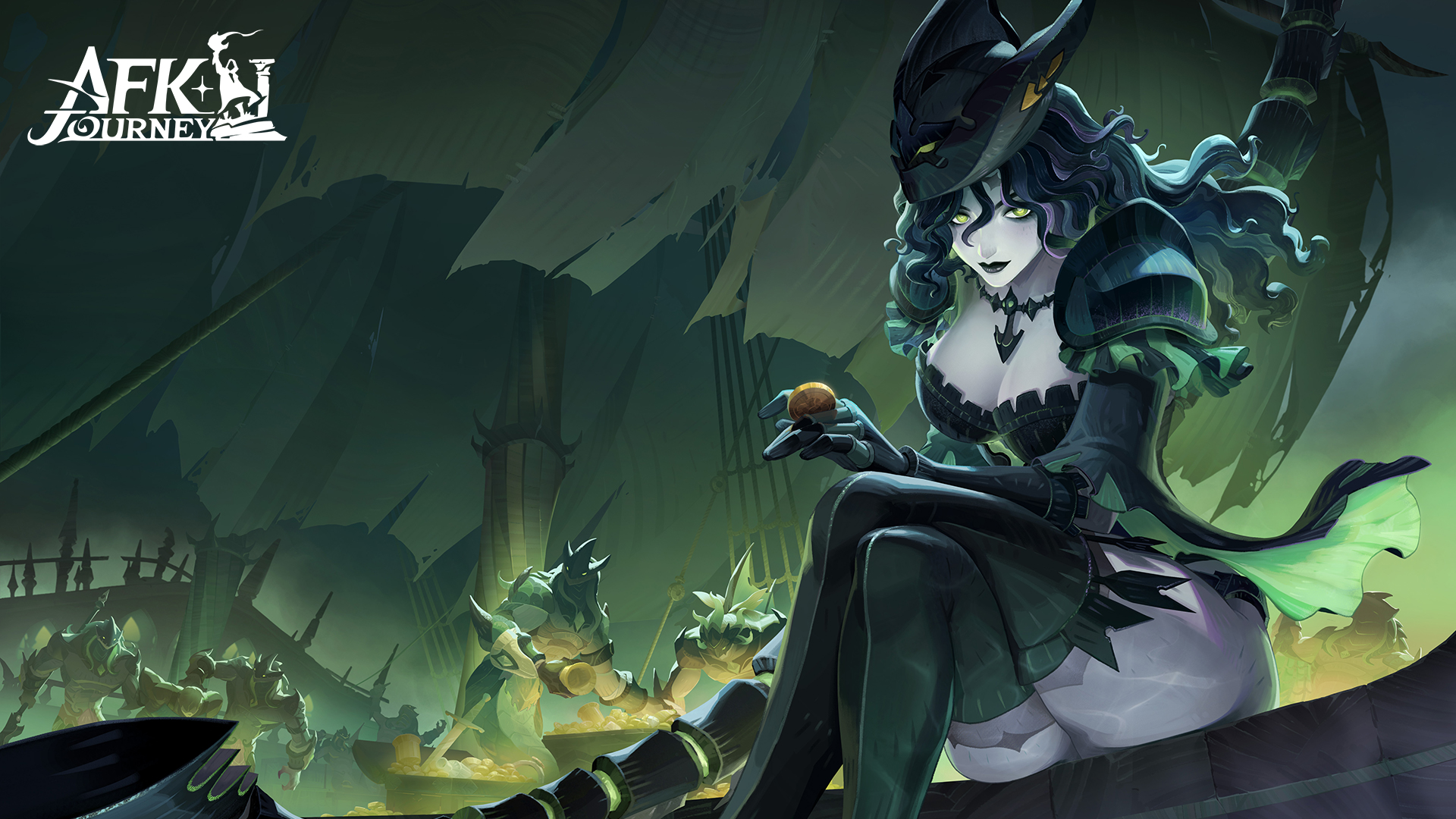 afk (series), afk journey, commentary, english commentary, highres, official art, official wallpaper, 1girl, armor, black hair, black hat, black leotard, black lips, black thighhighs, bonnie (afk), breasts, cleavage, closed mouth, coin, copyright logo, crossed legs, gauntlets, green eyes, hat, holding, holding coin, jewelry, large breasts, leotard, long hair, looking at viewer, necklace, pirate ship, shoulder armor, sitting, sword, thighhighs, thighs, treasure chest, undead, wavy hair, weapon