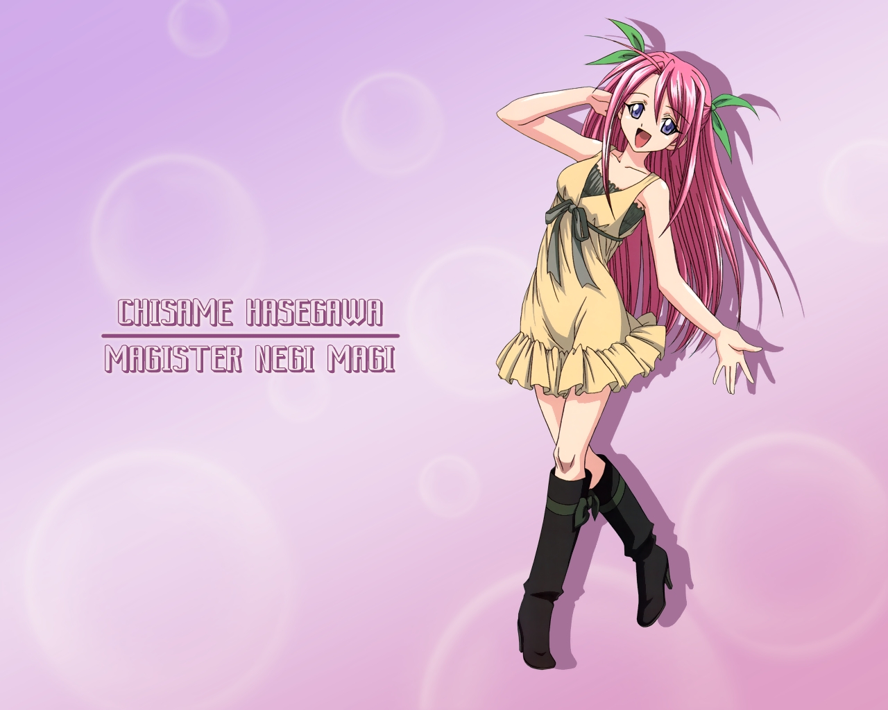 hasegawa chisame, mahou sensei negima!, non-web source, 00s, boots, casual, dress, long hair, pink hair, purple eyes, solo