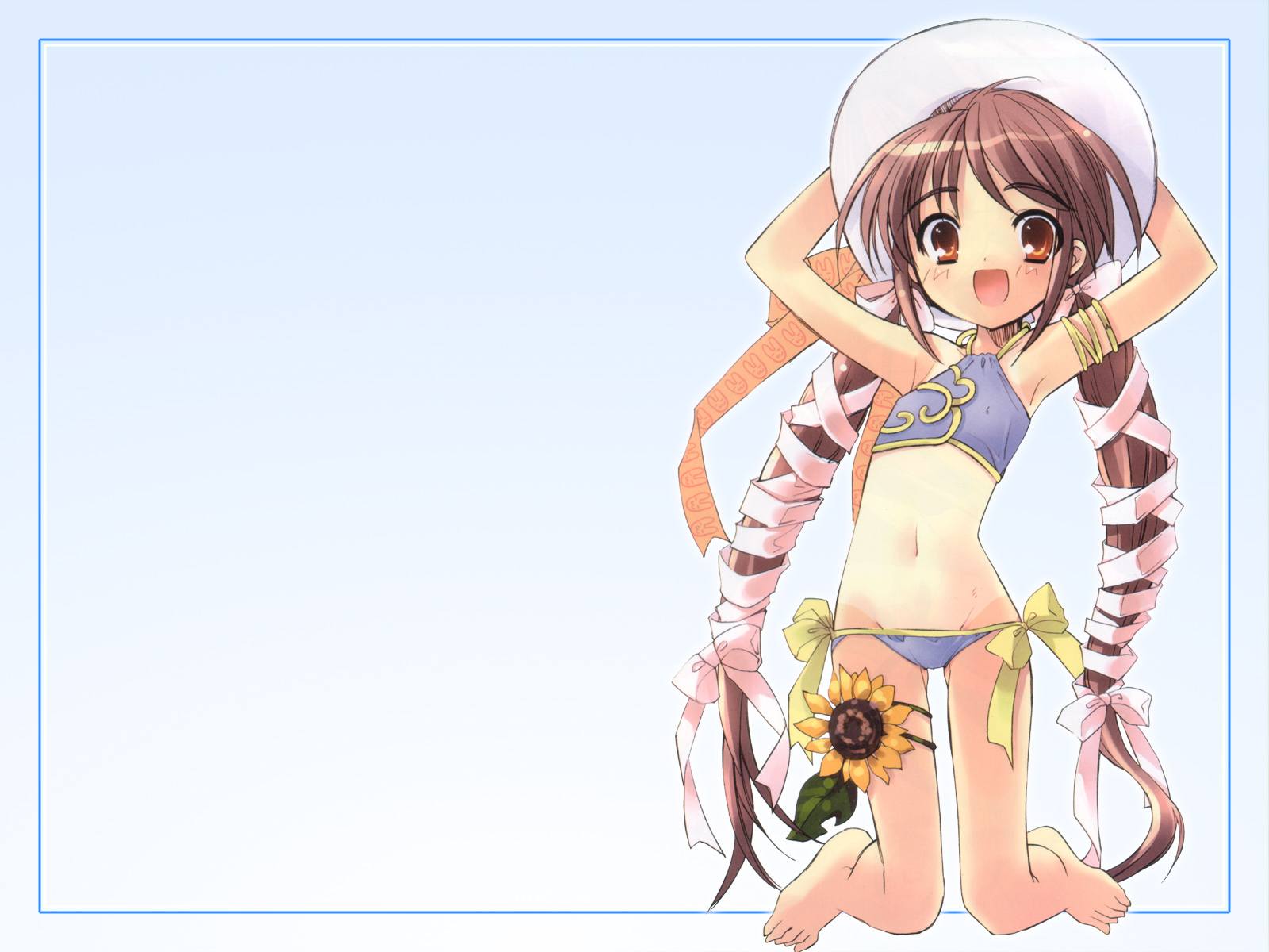 ito noizi, framed, highres, 1girl, :d, armband, armlet, arms up, bikini, blue background, bow, brown eyes, brown hair, covered erect nipples, female focus, flat chest, flower, groin, hat, jewelry, kneeling, loli, long hair, lowleg, lowleg bikini, navel, one-piece tan, open mouth, outside border, panties, ribbon, side-tie bikini bottom, simple background, smile, solo, sunflower, swimsuit, tan, tanline, twintails, underwear, very long hair