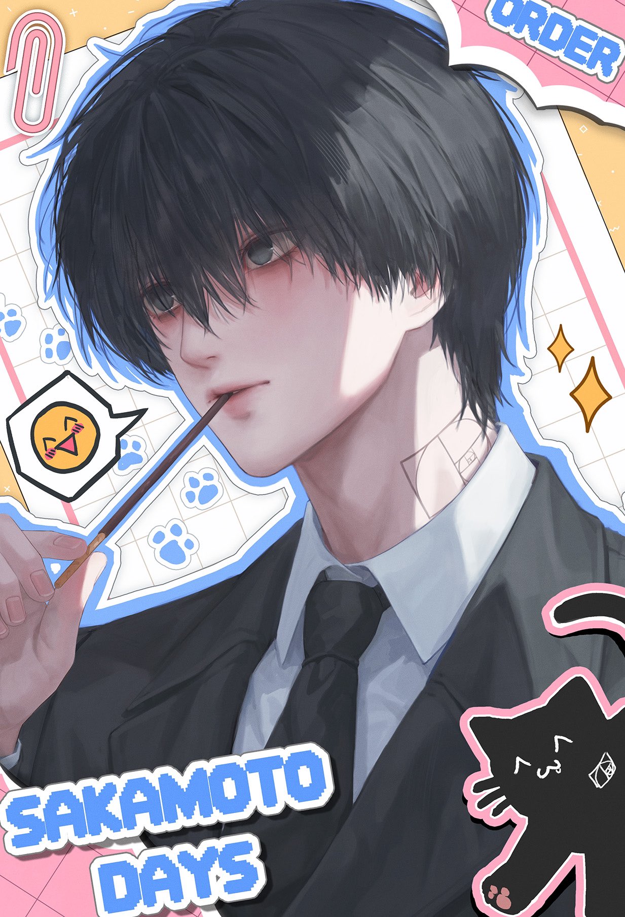 jaeun 38, nagumo (sakamoto days), sakamoto days, highres, 1boy, black eyes, black hair, collared shirt, copyright name, fibonacci sequence, food, formal clothes, holding, jacket, male focus, neck tattoo, necktie, pocky, shirt, short hair, solo, spoken emoji, suit, suit jacket, tattoo, upper body, white shirt