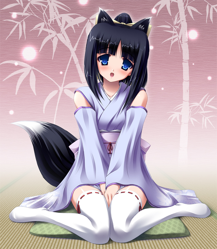 sakai sakae, original, animal ears, blue eyes, blush, bow, detached sleeves, fox ears, fox tail, hair bow, japanese clothes, kimono, sitting, solo, tail, thighhighs, white thighhighs