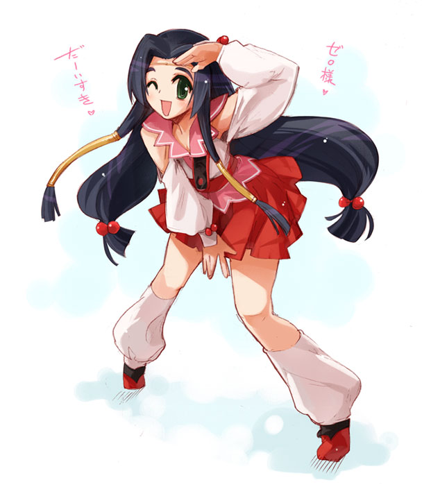 momiji mao, sumeragi kaguya, code geass, 00s, black hair, green eyes, long hair, loose socks, one eye closed, socks, solo, wink