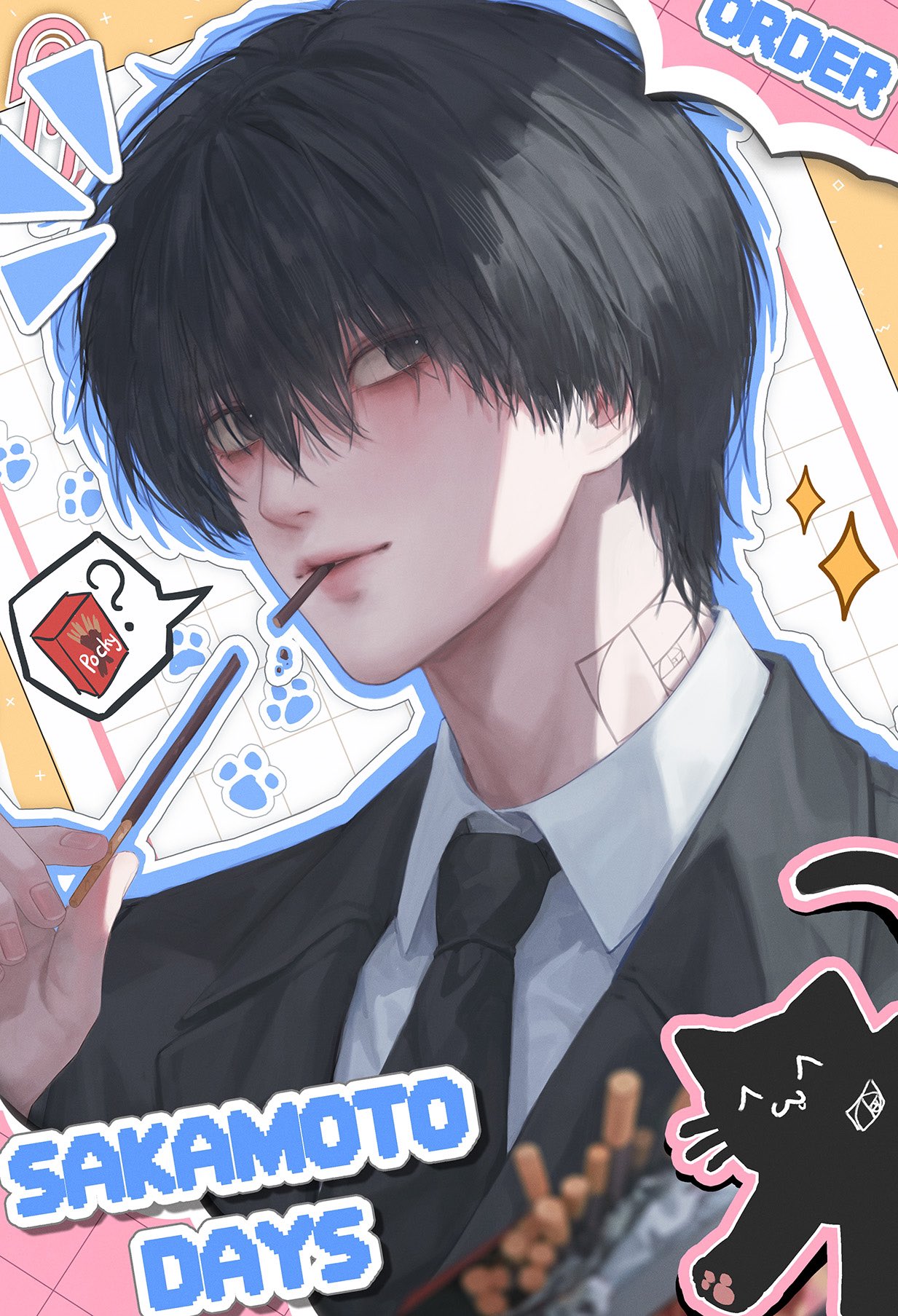 jaeun 38, nagumo (sakamoto days), sakamoto days, highres, 1boy, black eyes, black hair, black necktie, collared shirt, fibonacci sequence, food, formal clothes, jacket, male focus, neck tattoo, necktie, pocky, shirt, short hair, solo, suit, suit jacket, tattoo, white shirt