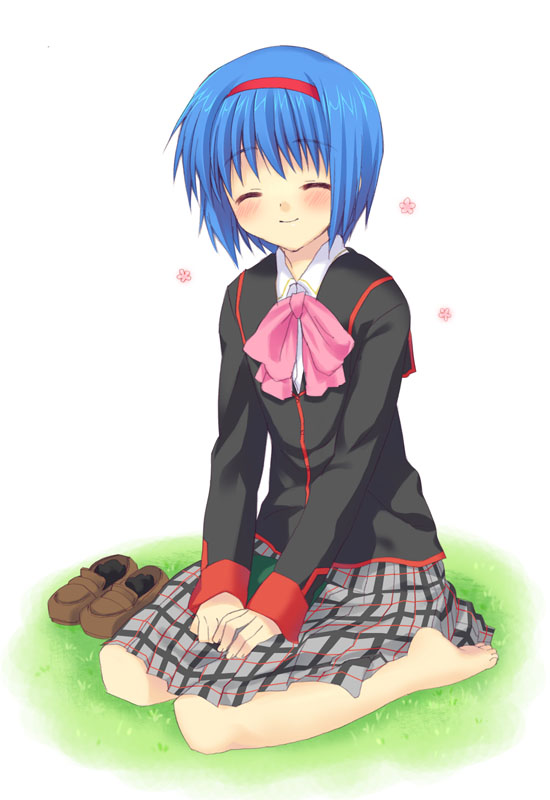 fuyuichi, nishizono mio, little busters!, 1girl, barefoot, blue hair, blush, bow, closed eyes, feet, female focus, hairband, pink bow, school uniform, shoes, short hair, sitting, skirt, smile, solo, unworn shoes, v arms, wariza