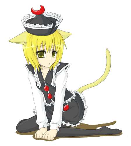 yomegane, lunasa prismriver, touhou, lowres, 1girl, animal ears, blonde hair, cat ears, cat girl, cat tail, female focus, full body, hat, kemonomimi mode, pantyhose, simple background, solo, tail