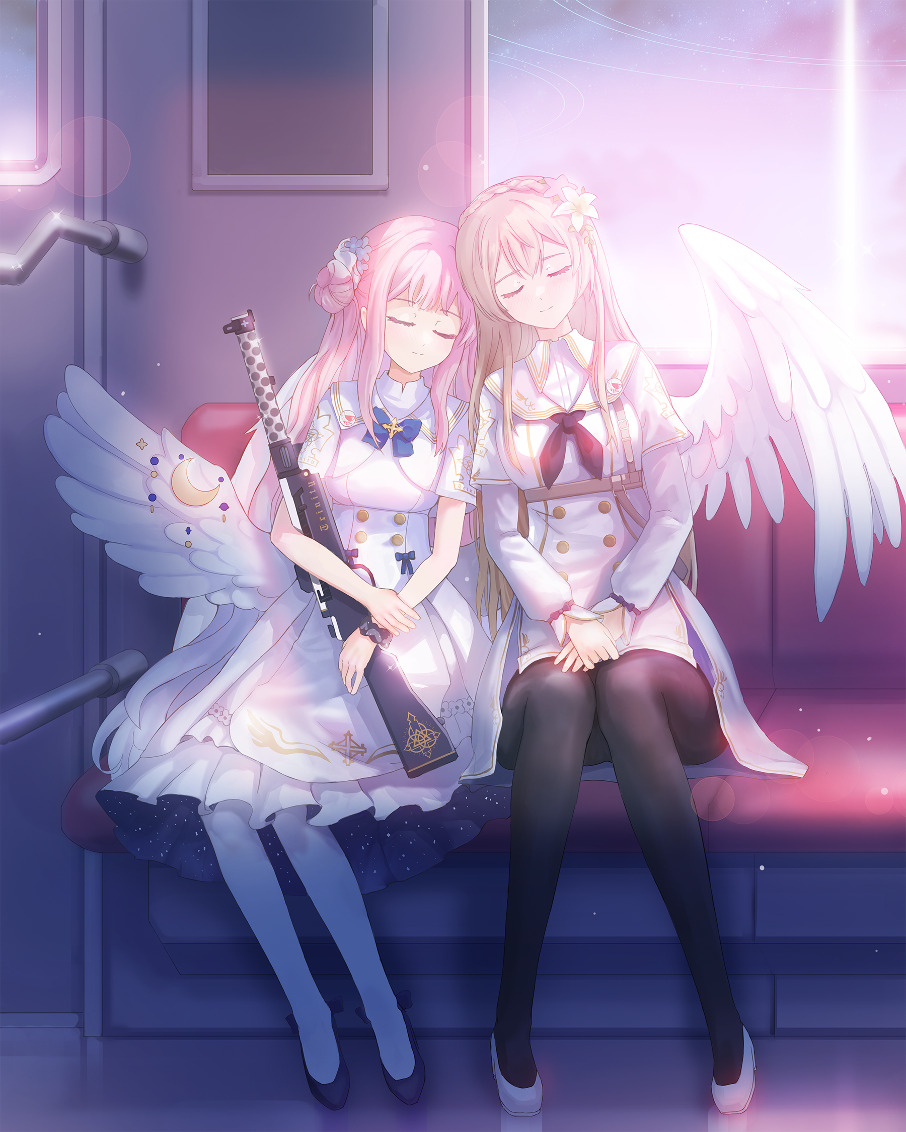 deep dark wolf, mika (blue archive), nagisa (blue archive), blue archive, highres, 2girls, angel wings, black neckerchief, black pantyhose, blue bow, bow, braid, brown hair, buttons, capelet, closed eyes, closed mouth, dress, feathered wings, flower, gold trim, gun, hair between eyes, hair bun, hair flower, hair ornament, long hair, low wings, multiple girls, neckerchief, panties, pantyhose, pink hair, scrunchie, single hair bun, single side bun, sitting, submachine gun, train interior, underwear, very long hair, weapon, white capelet, white dress, white flower, white overskirt, white panties, white wings, wing ornament, wings, wrist scrunchie