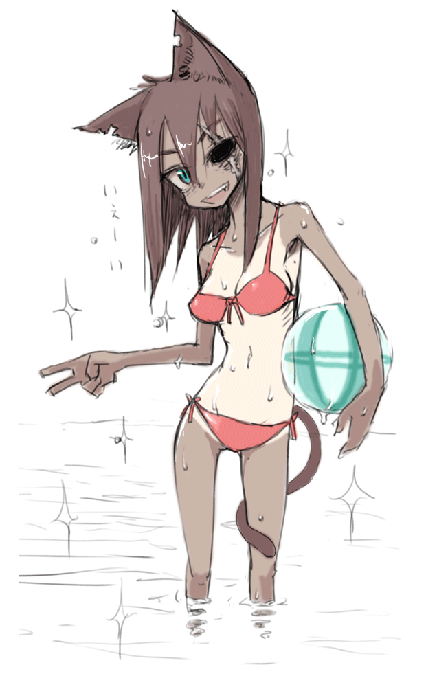 oomori harusame, bad id, bad pixiv id, 1girl, :d, animal ears, aqua eyes, bags under eyes, ball, bikini, blue eyes, brown hair, cat ears, cat tail, eye socket, female focus, front-tie top, head tilt, looking at viewer, missing eye, one-piece tan, open mouth, red bikini, ribs, scar, scar across eye, scar on face, side-tie bikini bottom, skinny, smile, solo, sparkle, standing, swimsuit, tail, tan, tanline, v, wading, wet