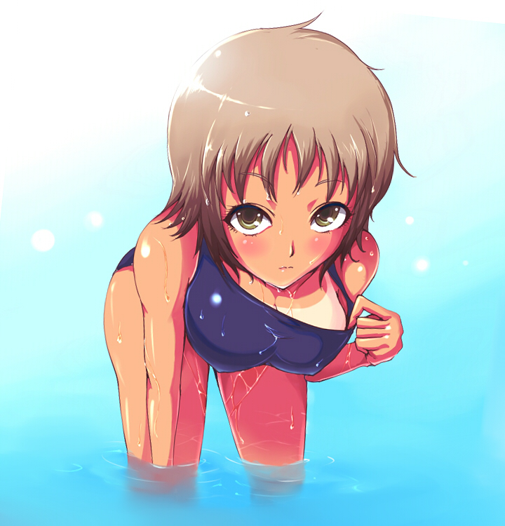 kasai shin, bad id, bad pixiv id, 1girl, bent over, bikini tan, blush, breasts, brown eyes, brown hair, cleavage, clothes pull, female focus, one-piece swimsuit, one-piece swimsuit pull, presenting tanlines, pulling own clothes, school swimsuit, solo, swimsuit, tan, tanline, tanlines, wading, water, wet