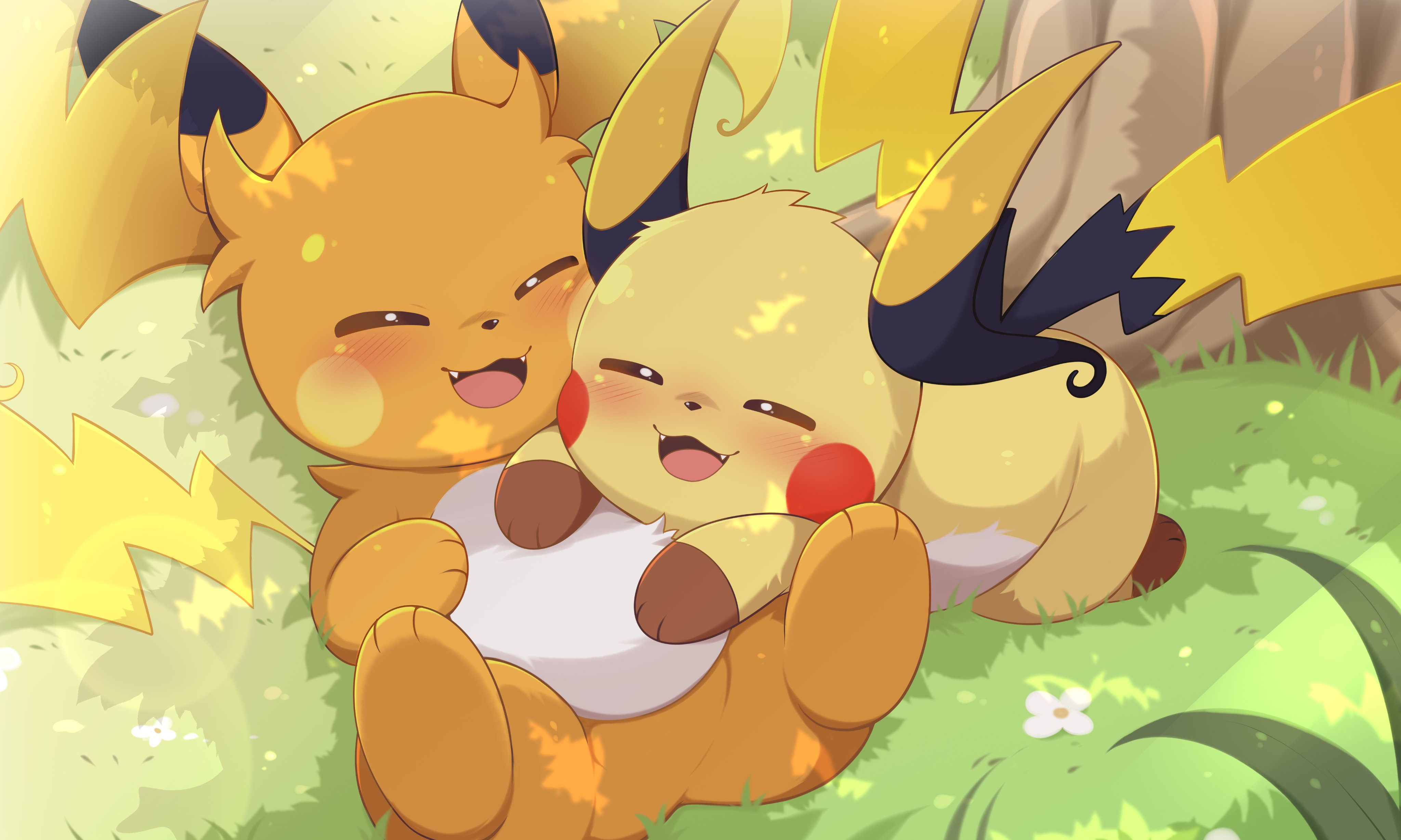 toruu (kzpm2483), mega raichu x, mega raichu y, raichu, nintendo, pokemon, pokemon legends: z-a, absurdres, commentary, english commentary, highres, blush, closed eyes, fang, fangs, flower, gen 1 pokemon, grass, mega pokemon, multiple tails, no humans, open mouth, orange fur, pokemon (creature), pokemon focus, smile, tail, tree, tree shade, very long ears, yellow fur