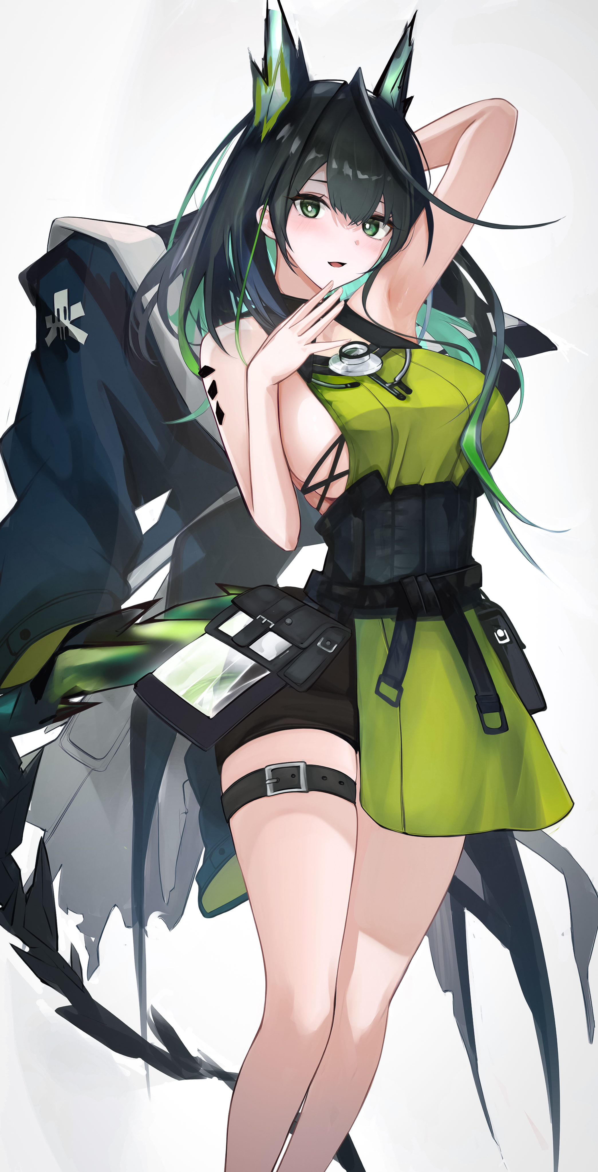kyuu (q des9), mon3tr (arknights), arknights, absurdres, commentary, highres, revision, 1girl, ahoge, animal ears, arm behind head, arm up, bare shoulders, belt, belt buckle, black belt, black hair, breasts, bright pupils, buckle, cowboy shot, crystal, green eyes, grey background, hand on own chin, huge ahoge, large breasts, light particles, looking at viewer, medium hair, open mouth, pouch, sideboob, simple background, solo, standing, thigh belt, thigh strap, white pupils