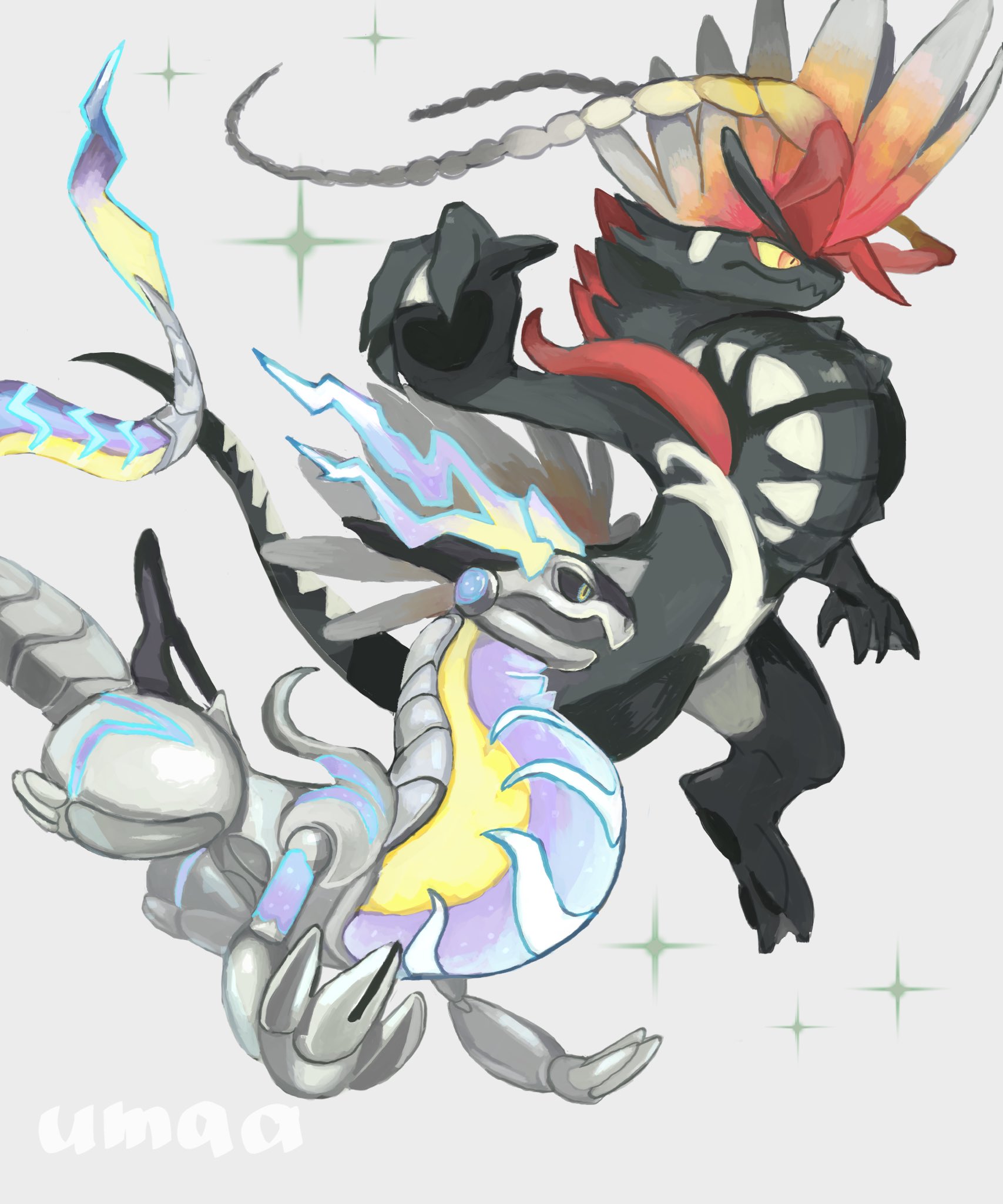oisisabatugun, koraidon, miraidon, nintendo, pokemon, pokemon sv, highres, alternate color, black sclera, colored sclera, dragon, no humans, non-humanoid robot, open mouth, orange eyes, pokemon (creature), pokemon focus, robot, robot dragon, shiny pokemon, simple background, star (symbol), yellow sclera