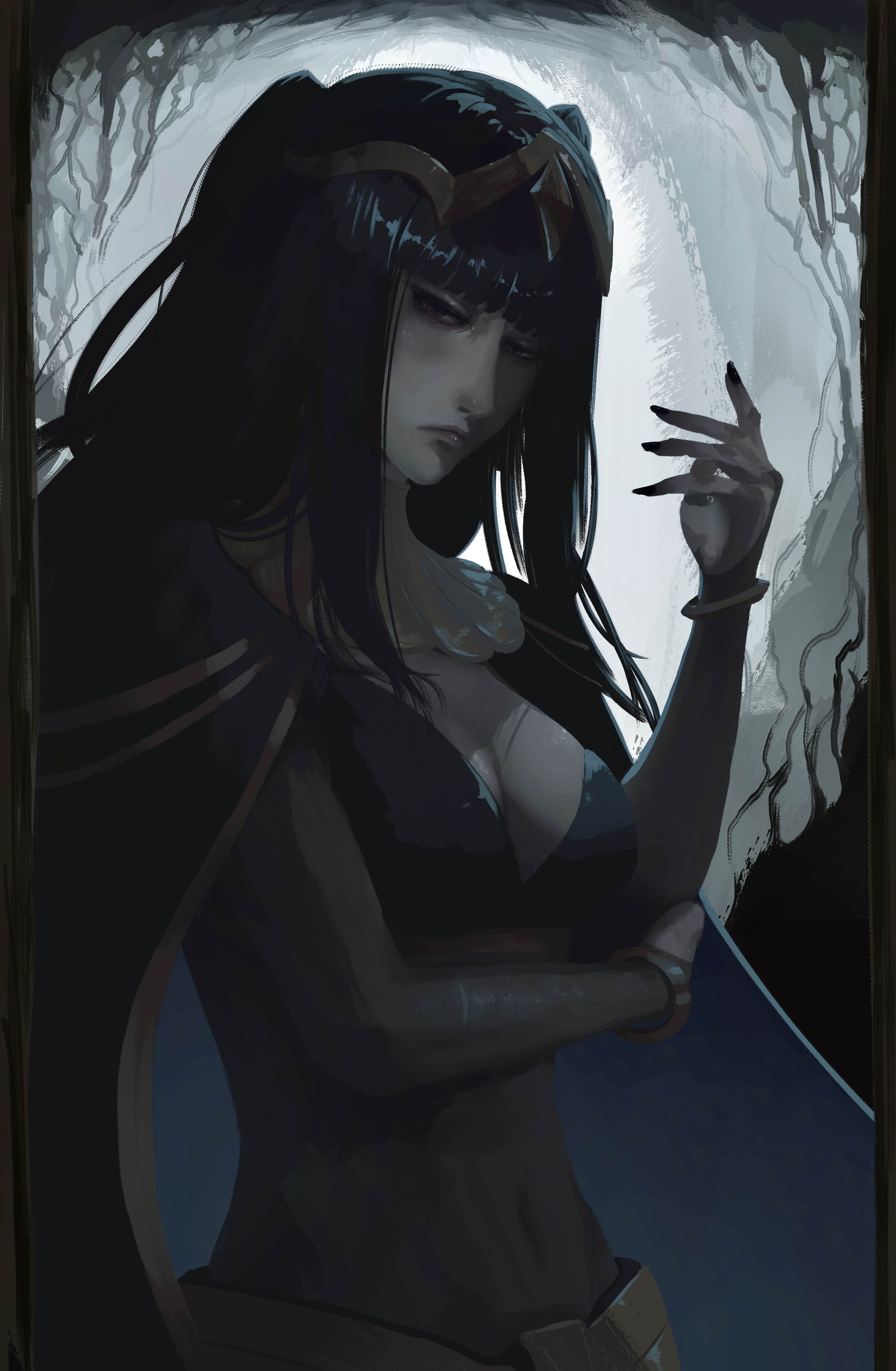 ant jams, tharja (fire emblem), fire emblem, fire emblem awakening, nintendo, absurdres, highres, 1girl, arm across waist, bags under eyes, black hair, blunt bangs, bodystocking, bracelet, breasts, bridal gauntlets, cape, circlet, cleavage, covered navel, frown, glaring, jewelry, long hair, looking at viewer, medium breasts, solo, tiara, upper body