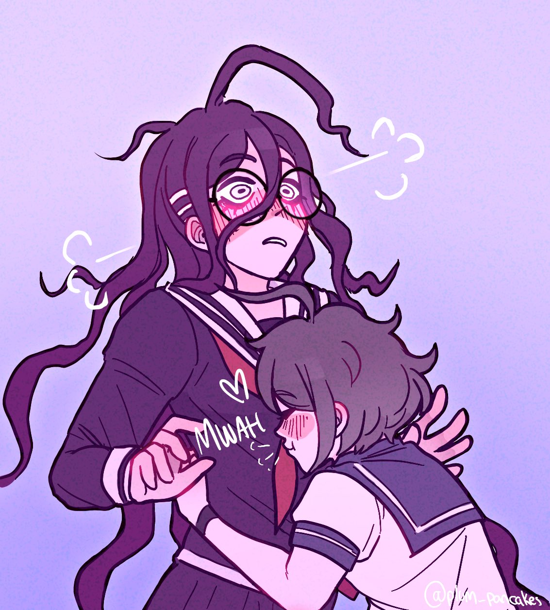 plumbytes tobey, fukawa toko, naegi komaru, danganronpa (series), danganronpa another episode: ultra despair girls, commentary, english commentary, highres, 2girls, ahoge, black-framed eyewear, black serafuku, black shirt, black skirt, blue sailor collar, blush, brown hair, closed eyes, collared shirt, eyelashes, glasses, grey background, hair ornament, hairclip, hug, kiss, long hair, long sleeves, messy hair, multiple girls, neckerchief, nose blush, purple hair, red neckerchief, round eyewear, sailor collar, school uniform, serafuku, shirt, short hair, short sleeves, simple background, skirt, sound effects, white eyes, white sailor collar, white shirt, yuri