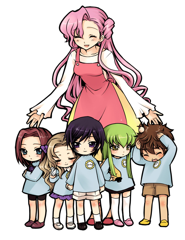 mizunomoto, c.c., euphemia li britannia, kouzuki kallen, kururugi suzaku, lelouch vi britannia, nunnally vi britannia, code geass, bad id, bad pixiv id, 00s, 2boys, 4girls, aged down, blush, chibi, child, donut hair bun, grabbing another's hair, hair bun, happy, holding, holding another's hair, holding own hair, kindergarten, kindergarten teacher, kindergarten uniform, multiple boys, multiple girls, simple background, smile, thighhighs, time paradox, white background