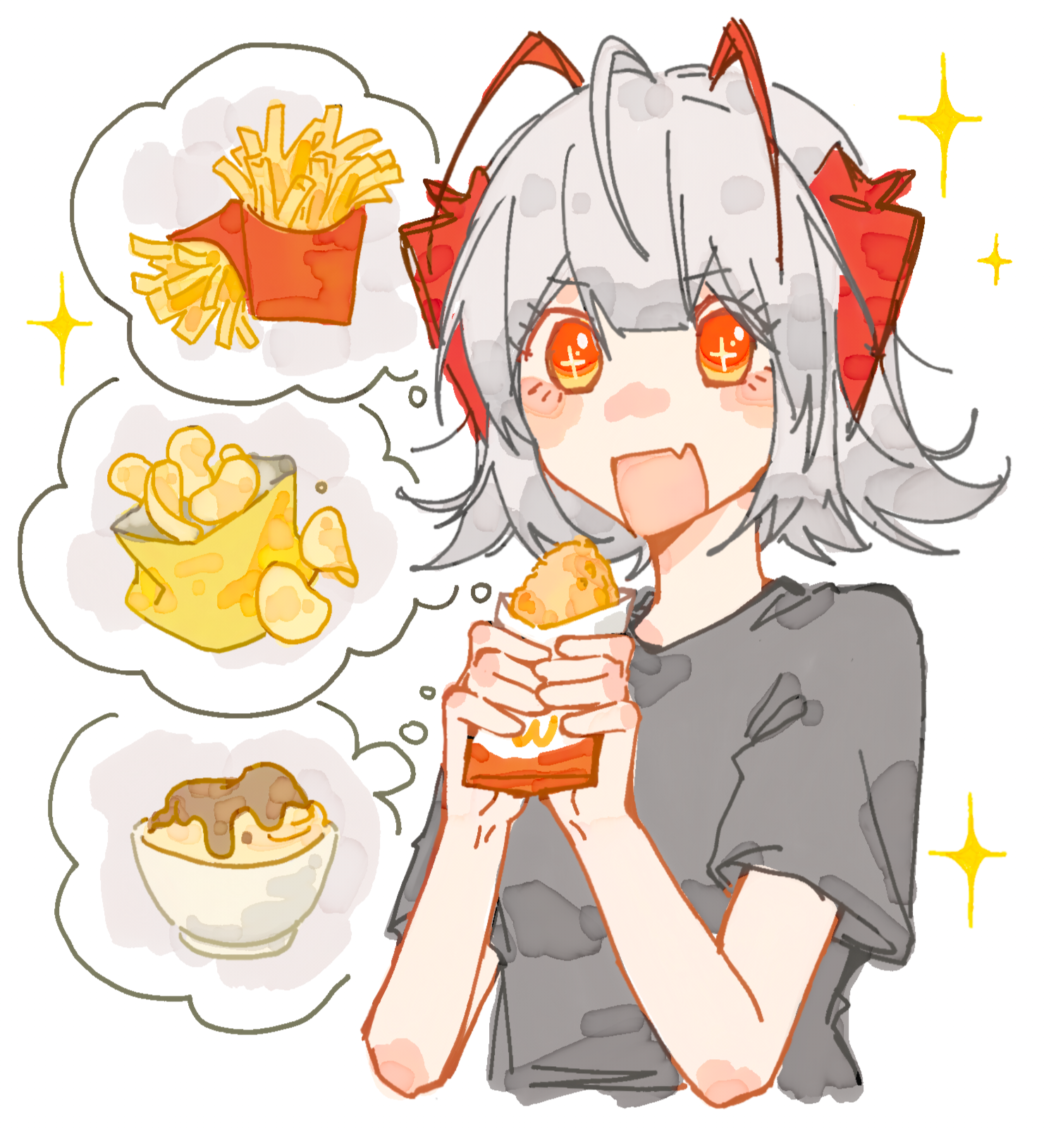 softtoast, w (arknights), w (fugue) (arknights), arknights, mcdonald's, chinese commentary, commentary request, highres, 1girl, :d, bag of chips, blush stickers, bowl, chips (food), cropped torso, fang, food, french fries, grey hair, grey shirt, hair between eyes, hands up, hash browns, holding, holding food, mashed potatoes, official alternate costume, open mouth, potato chips, red eyes, shirt, short sleeves, simple background, smile, solo, sparkle, speech bubble, spoken food, thought bubble, upper body, white background