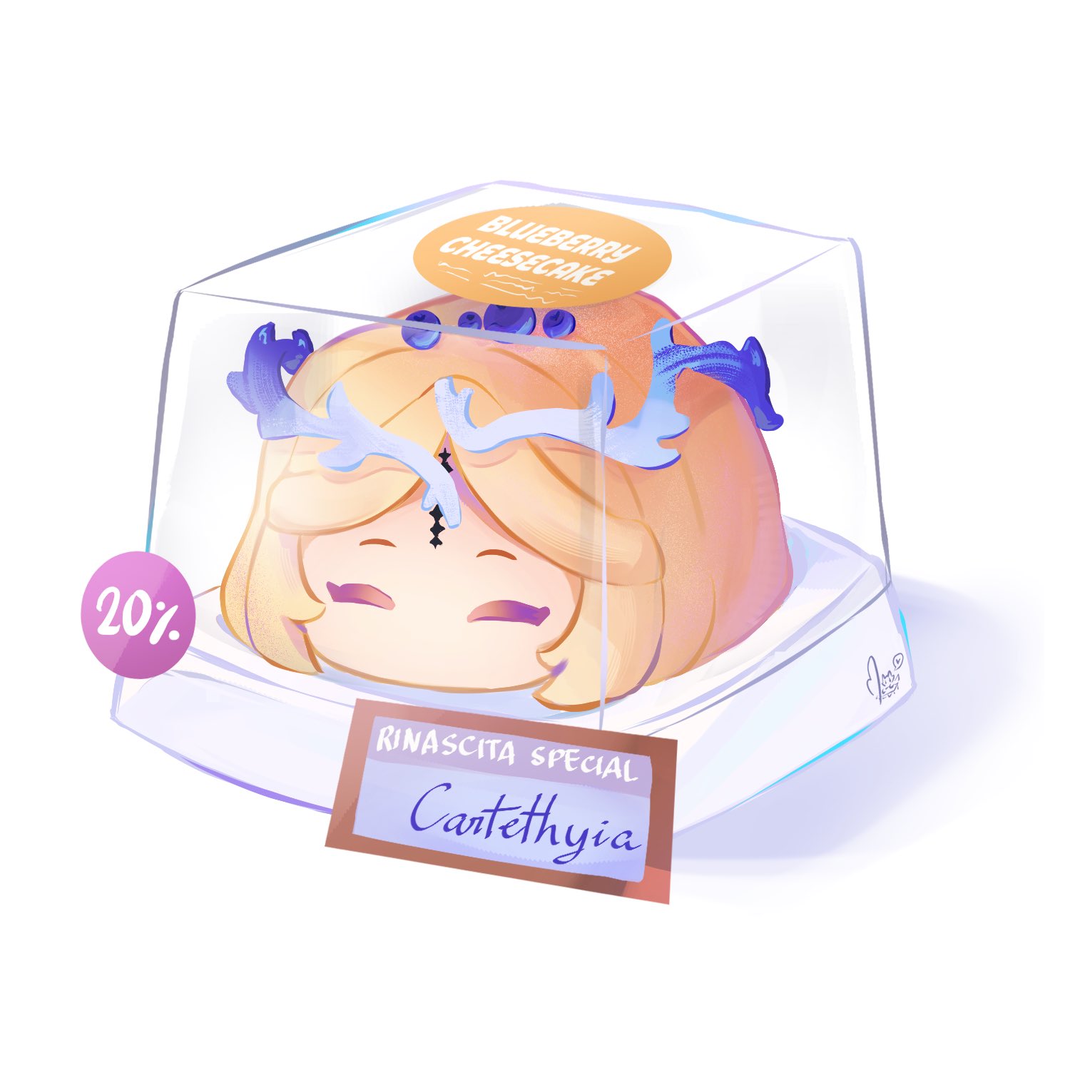 paw chie, cartethyia (wuthering waves), wuthering waves, commentary, english commentary, highres, blonde hair, character-themed food, character name, closed eyes, crown of thorns, english text, food focus, medium hair, no humans, remnant cube (wuthering waves), tacet mark (wuthering waves)