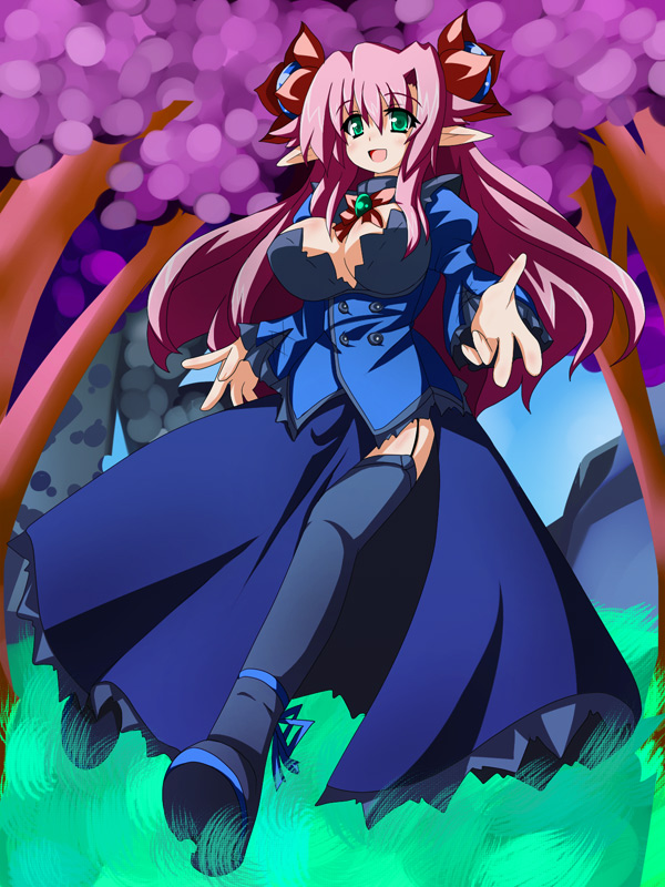 oborotsuki kakeru, original, 1girl, breasts, female focus, green eyes, large breasts, pink hair, pointy ears, solo, thighhighs
