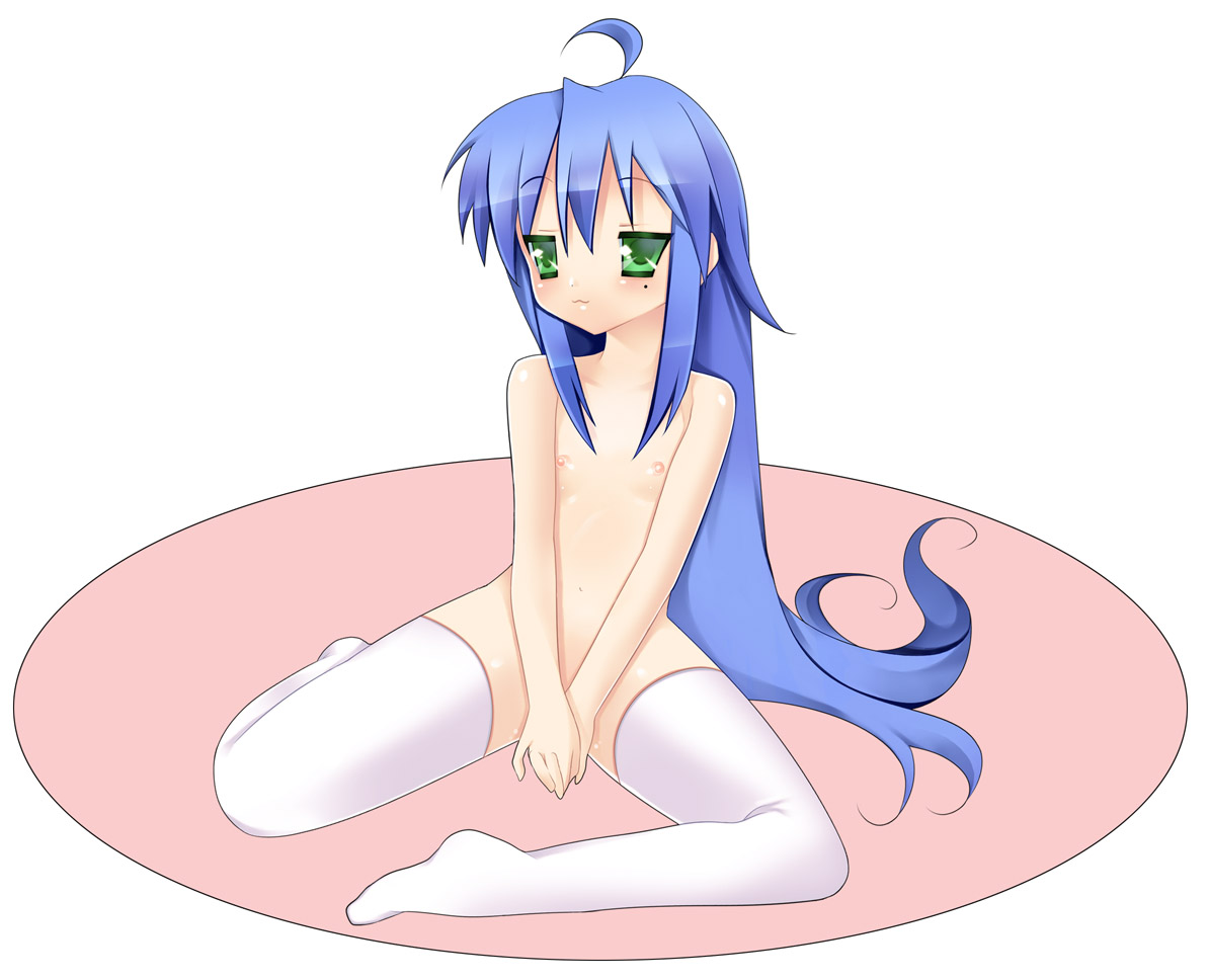 chorososu, izumi konata, lucky star, 00s, 1girl, blue hair, blush, covering crotch, covering privates, female focus, flat chest, green eyes, loli, long hair, mole, mole under eye, nipples, no panties, solo, thighhighs, topless female