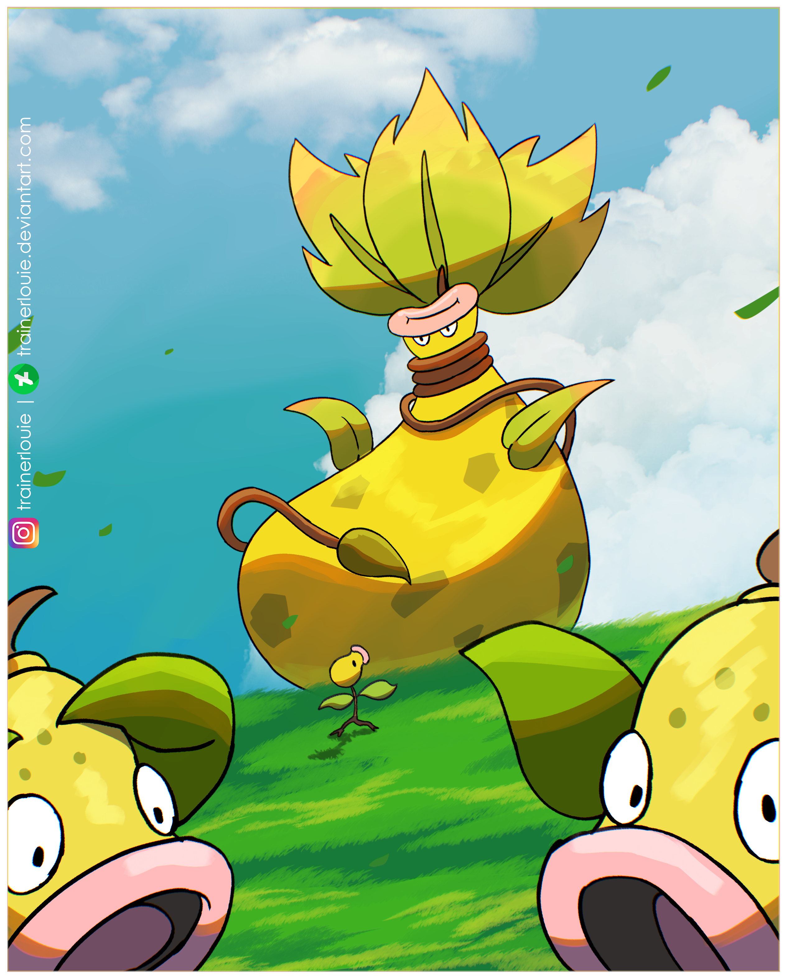 trainerlouie, bellsprout, mega victreebel, victreebel, weepinbell, nintendo, pokemon, absurdres, commentary, highres, blue sky, border, closed mouth, cloud, day, deviantart logo, deviantart username, evolutionary line, gen 1 pokemon, grass, instagram logo, instagram username, leaf, mega pokemon, no humans, open mouth, outdoors, pink lips, plant, pokemon (creature), pokemon focus, sky, vines, white border