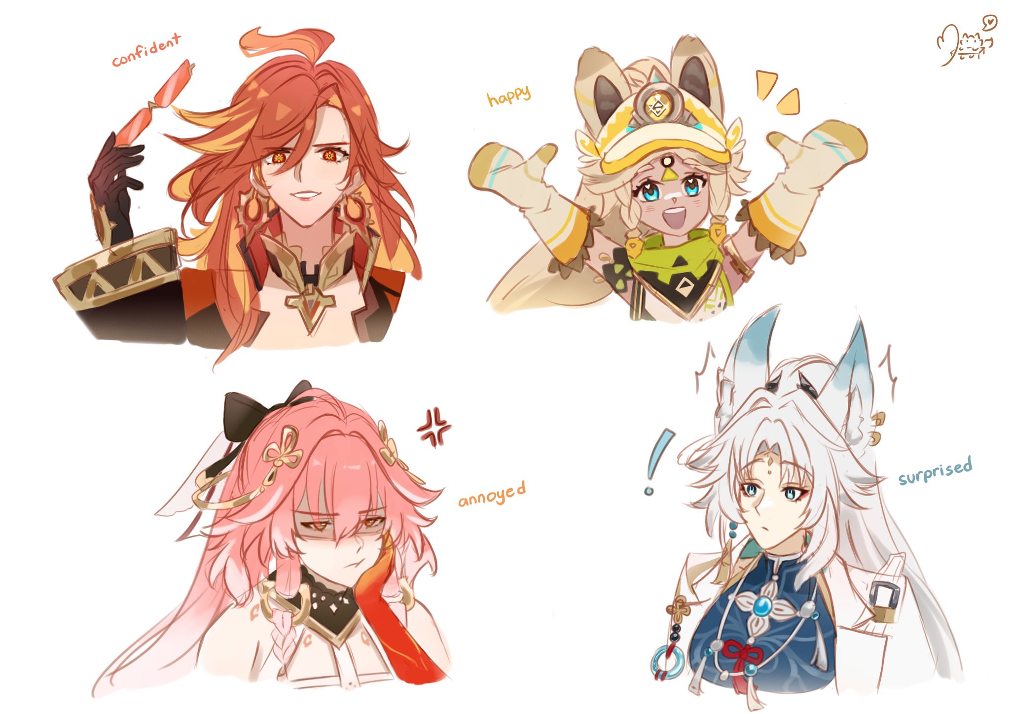 paw chie, changli (wuthering waves), feixiao (honkai: star rail), kachina (genshin impact), mavuika (genshin impact), genshin impact, honkai: star rail, honkai (series), mihoyo, wuthering waves, commentary, english commentary, highres, !, 4girls, anger vein, animal ears, annoyed, aqua eyes, black bow, black collar, black gloves, blue eyes, blue shirt, body markings, bow, breasts, brown hair, closed mouth, collar, colored extremities, crossover, earrings, english text, forehead jewel, fox ears, fox girl, gloves, hair bow, hair extensions, hair ornament, hand on own face, happy, holding, holding removed eyewear, jewelry, long hair, medium breasts, multiple crossover, multiple girls, open mouth, orange-tinted eyewear, orange hair, outstretched arms, parted lips, pink hair, red eyes, red hands, ring hair extensions, shirt, smile, sun earrings, sunglasses, surprised, tinted eyewear, unworn eyewear, white hair