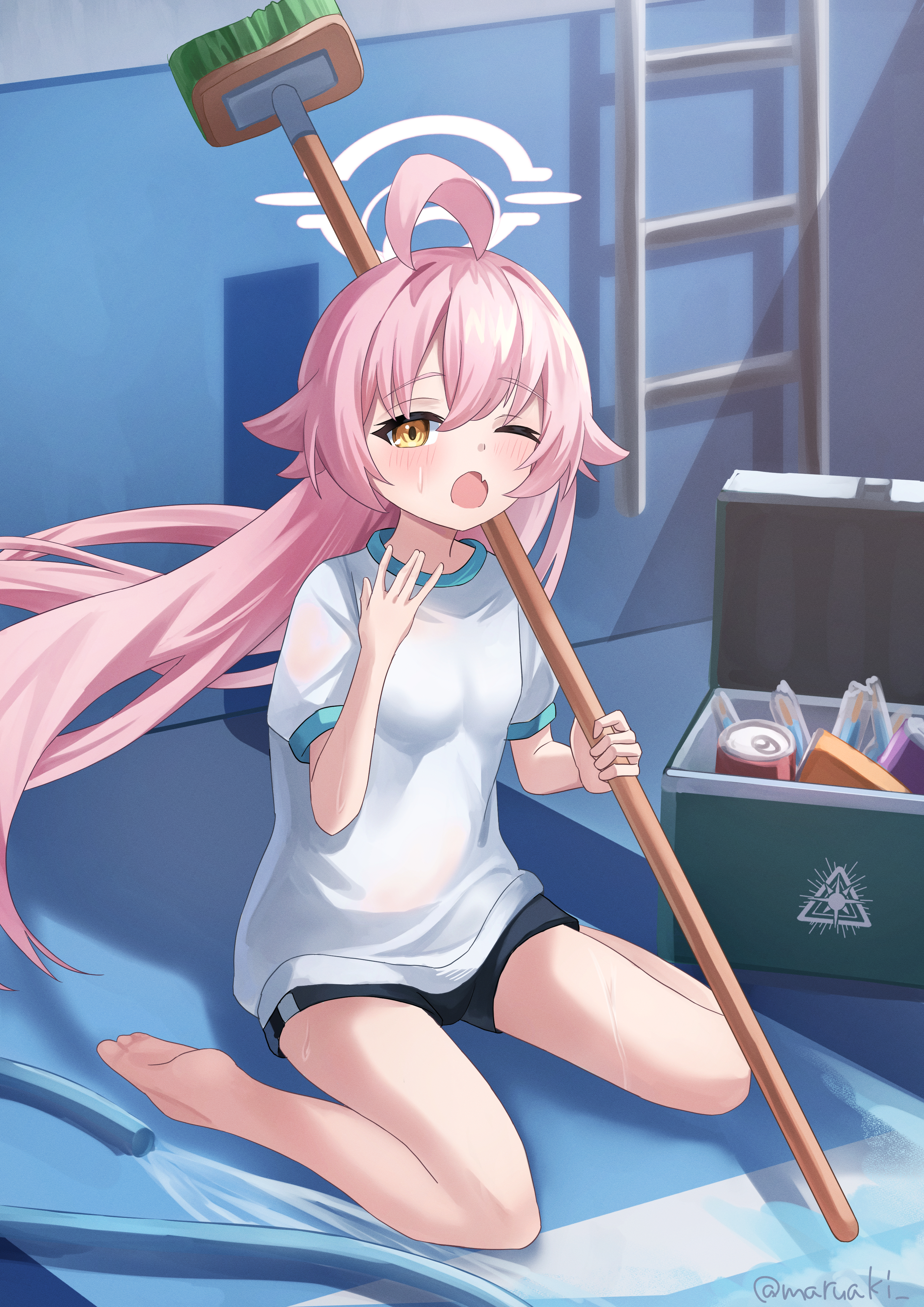 maruaki, hoshino (blue archive), blue archive, absurdres, commentary request, highres, 1girl, ahoge, barefoot, black shorts, blush, breasts, broom, cooler, empty pool, fang, gym shirt, gym shorts, gym uniform, hair between eyes, halo, hand up, holding, holding broom, hose, long hair, on floor, one eye closed, open mouth, pink hair, pool, pool ladder, puffy short sleeves, puffy sleeves, shirt, short sleeves, shorts, small breasts, solo, twitter username, very long hair, water, white shirt