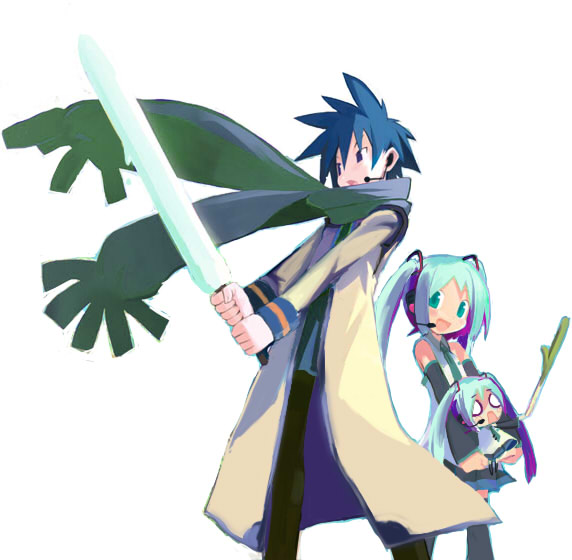naoto (sakurai), sakurai, yurikawa akira, ash (phantom brave), hachune miku, hatsune miku, kaito (vocaloid), marona (phantom brave), putty, putty (phantom brave), phantom brave, vocaloid, derivative work, 1boy, 2girls, aqua hair, blue scarf, food, multiple girls, parody, popsicle, scarf, spring onion, style parody, sword, weapon