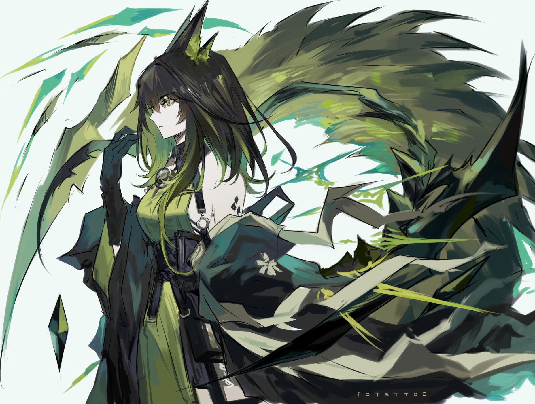 potettoe, mon3tr (arknights), arknights, highres, 1girl, ahoge, artist name, bare shoulders, black hair, black jacket, breasts, clothes down, colored inner hair, colored skin, colored tips, crystal tail, dress, from side, green dress, green eyes, green hair, green skin, green streaks, green tail, huge ahoge, jacket, long hair, long sleeves, material growth, medium breasts, multicolored hair, off shoulder, originium (arknights), oripathy lesion (arknights), pouch, simple background, sleeves past fingers, sleeves past wrists, solo, star of life, stethoscope, white background