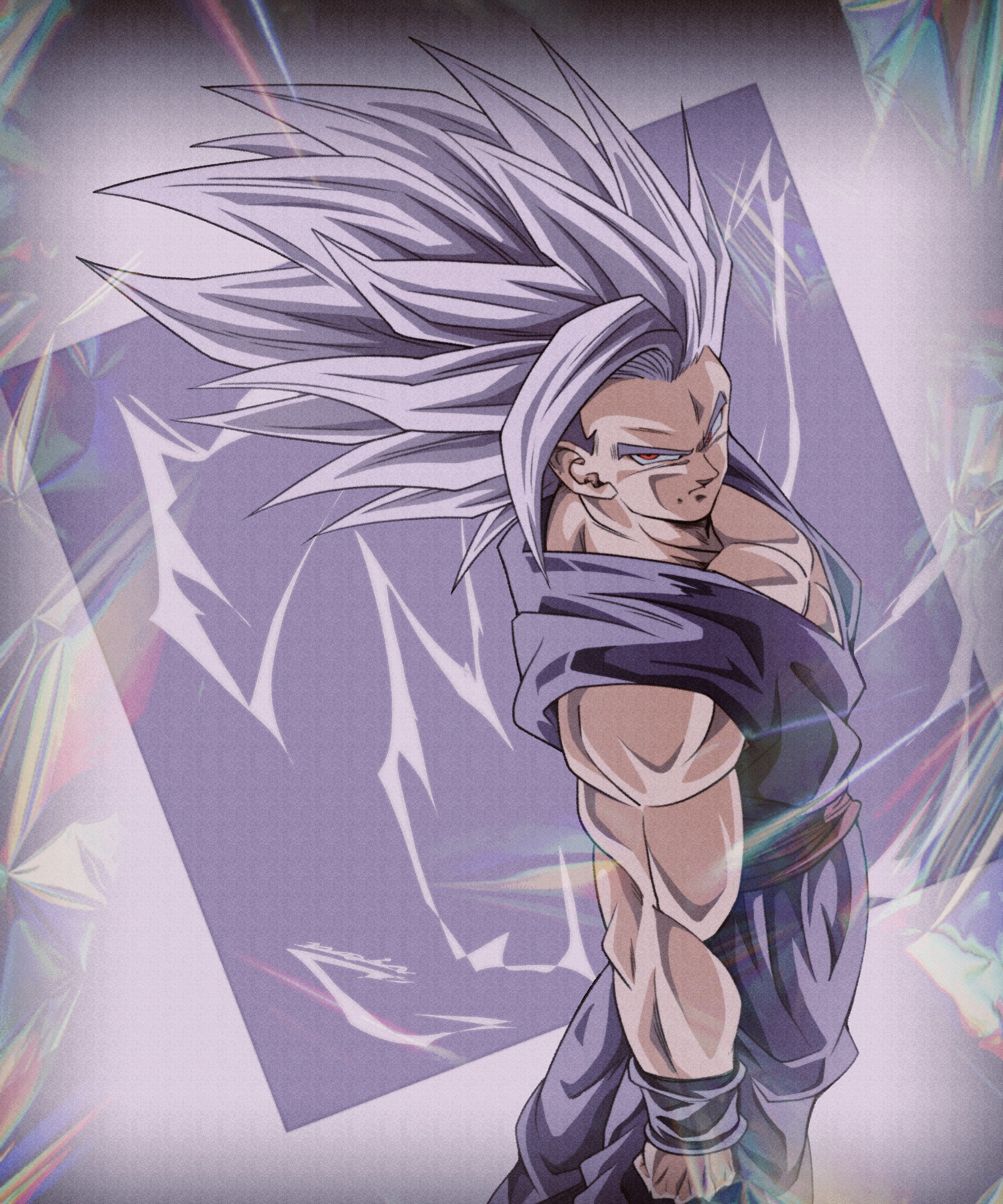 noir illust, gohan beast, son gohan, dragon ball, dragon ball super, dragon ball super super hero, absurdres, highres, 1boy, bare shoulders, dougi, grey hair, long hair, looking at viewer, muscular, muscular male, pants, purple pants, purple shirt, red eyes, shirt, simple background, solo