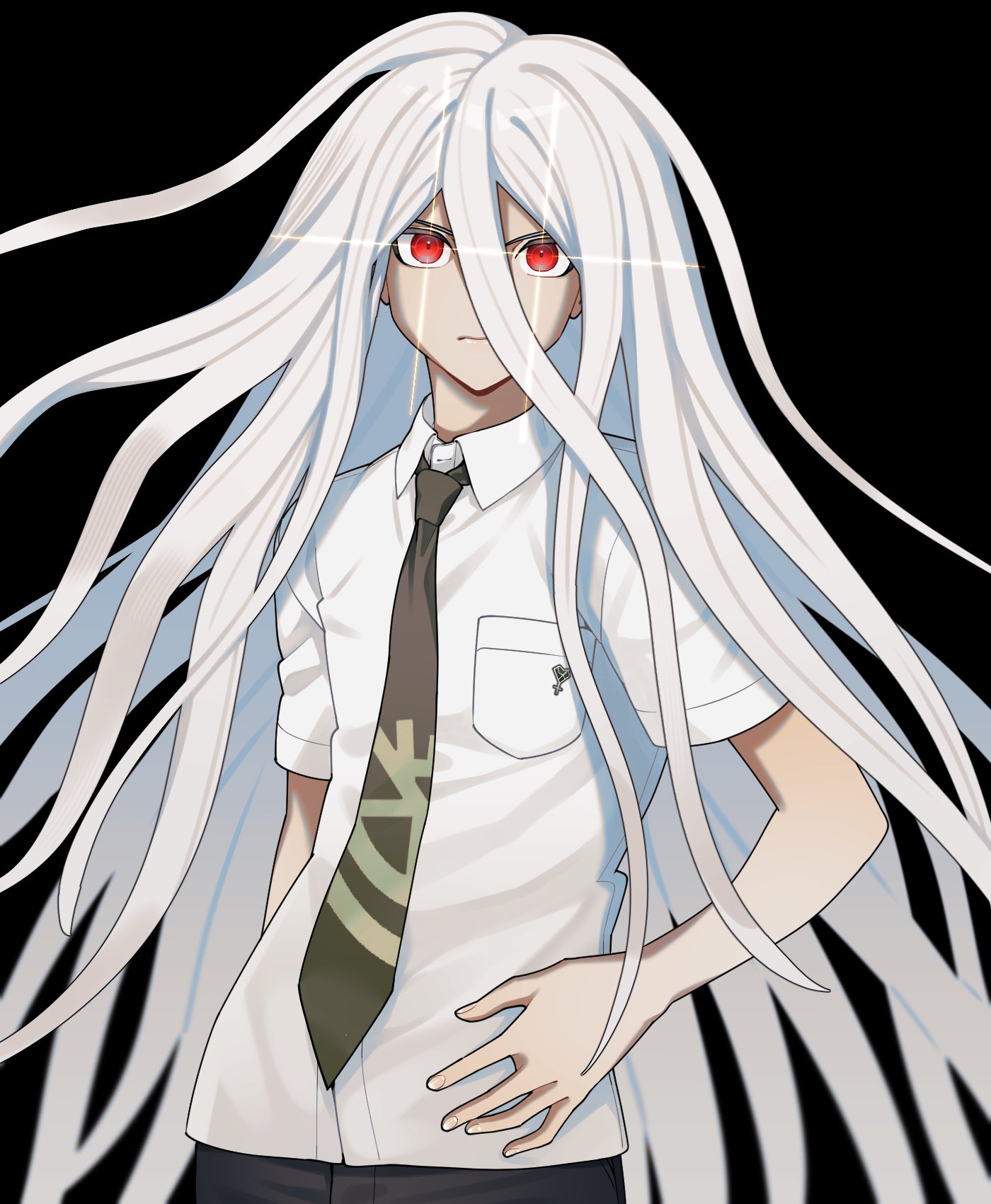 ling yun (amadare0803), hinata hajime, hinata hajime (awakened), kamukura izuru, danganronpa (series), danganronpa 2: goodbye despair, commentary request, highres, spoilers, 1boy, alternate hair color, black background, breast pocket, closed mouth, collared shirt, fingernails, green necktie, hair between eyes, hand on own hip, long hair, male focus, necktie, pocket, red eyes, shirt, short sleeves, simple background, solo, very long hair, white hair, white shirt