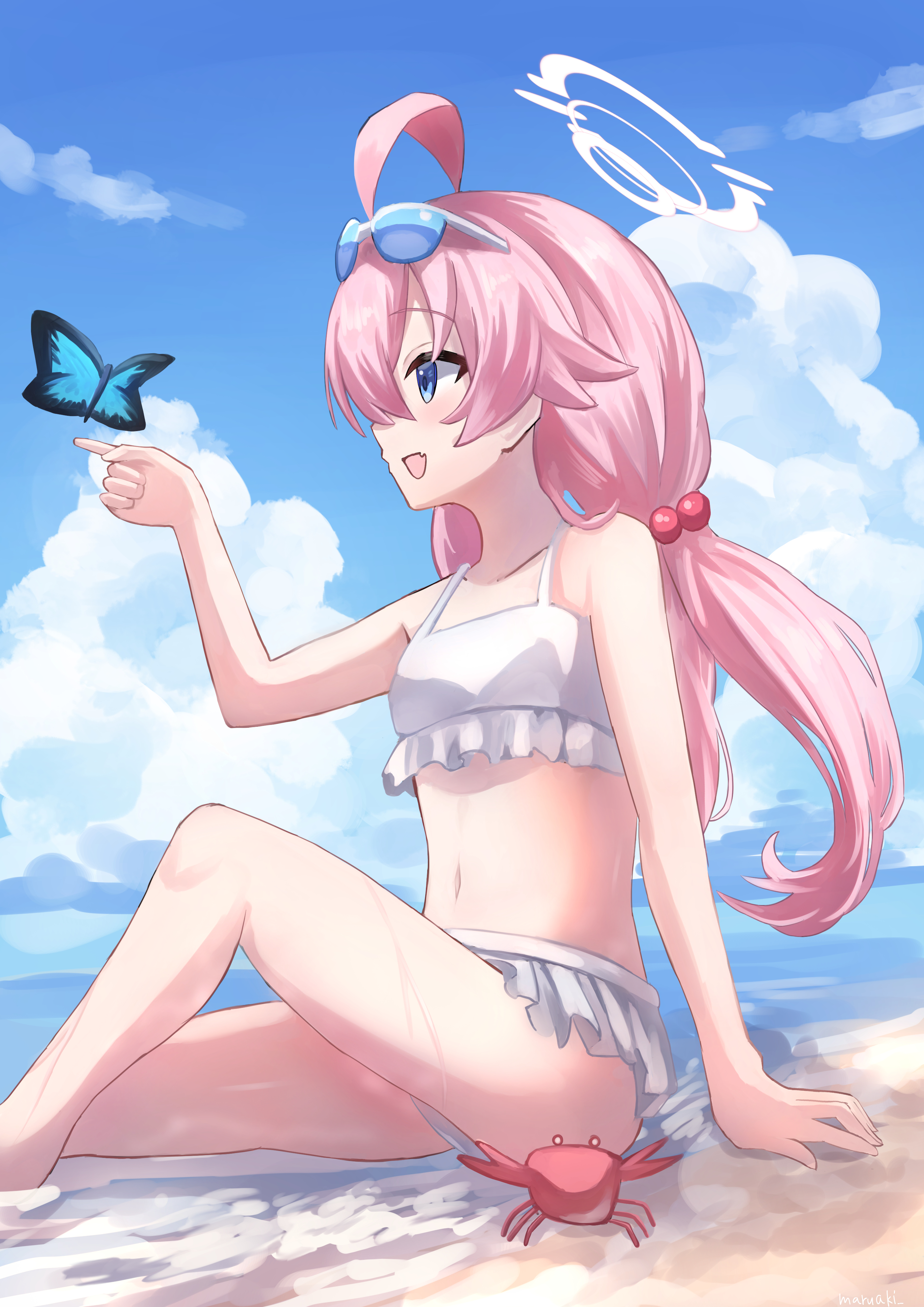 maruaki, hoshino (blue archive), hoshino (swimsuit) (blue archive), blue archive, absurdres, commentary, highres, 1girl, :d, ahoge, animal, arm support, bare arms, bare shoulders, beach, bikini, blue-tinted eyewear, blue eyes, blue sky, breasts, bug, butterfly, cloud, crab, day, eyewear on head, fang, frilled bikini, frills, hair between eyes, hair bobbles, hair ornament, halo, insect, knee up, long hair, low twintails, navel, ocean, open mouth, outdoors, pink hair, sand, sky, small breasts, smile, solo, swimsuit, tinted eyewear, twintails, very long hair, water, white bikini