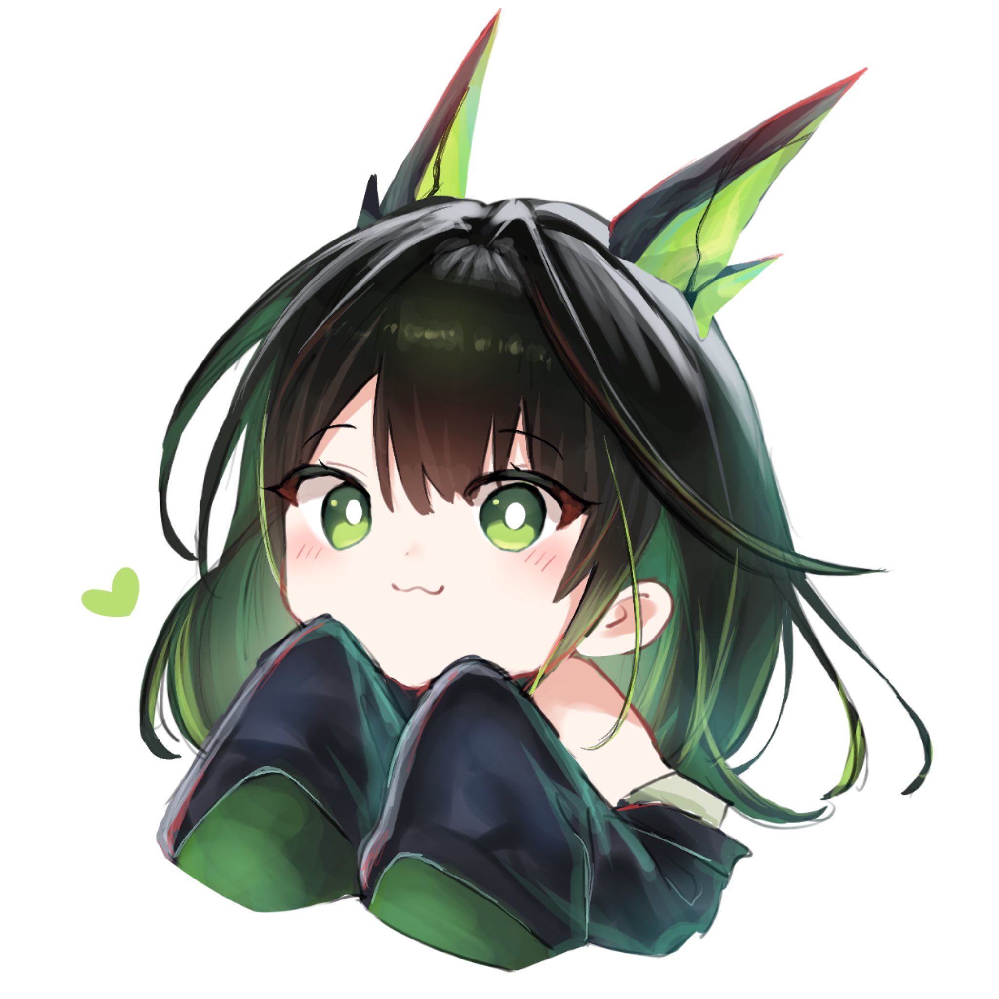 rinzy, mon3tr (arknights), commentary, english commentary, highres, 1girl, :3, ahoge, animal ears, bare shoulders, black hair, black jacket, blush, bright pupils, cat ears, colored inner hair, dot nose, extra ears, fake animal ears, green eyes, green hair, green streaks, hair intakes, heart, huge ahoge, jacket, multicolored hair, off-shoulder jacket, off shoulder, simple background, sleeves past fingers, sleeves past wrists, solo, white background, white pupils