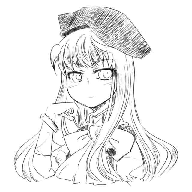 sheryl nome, macross, macross frontier, 00s, greyscale, hat, long hair, monochrome, sketch, solo