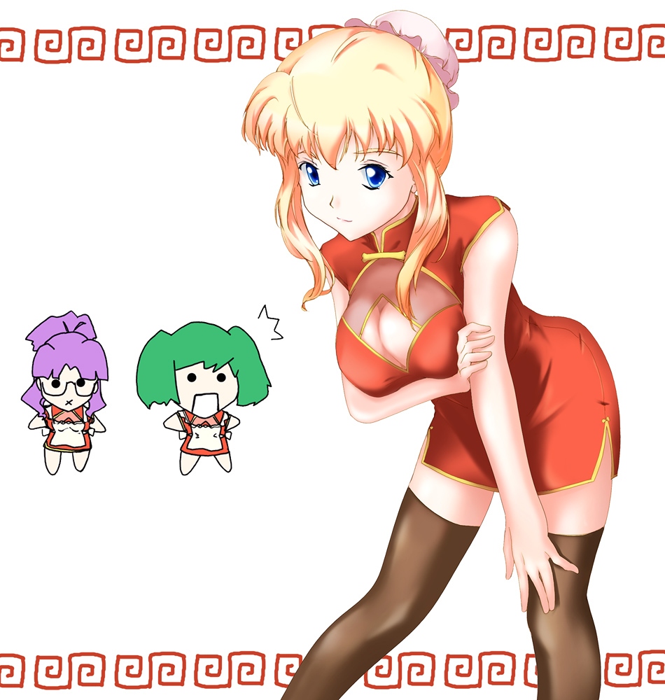 matsuura nanase, ranka lee, sheryl nome, macross, macross frontier, 00s, 3girls, ^^^, blonde hair, blue eyes, breasts, chibi, china dress, chinese clothes, cleavage, dress, multiple girls, thighhighs, x mouth