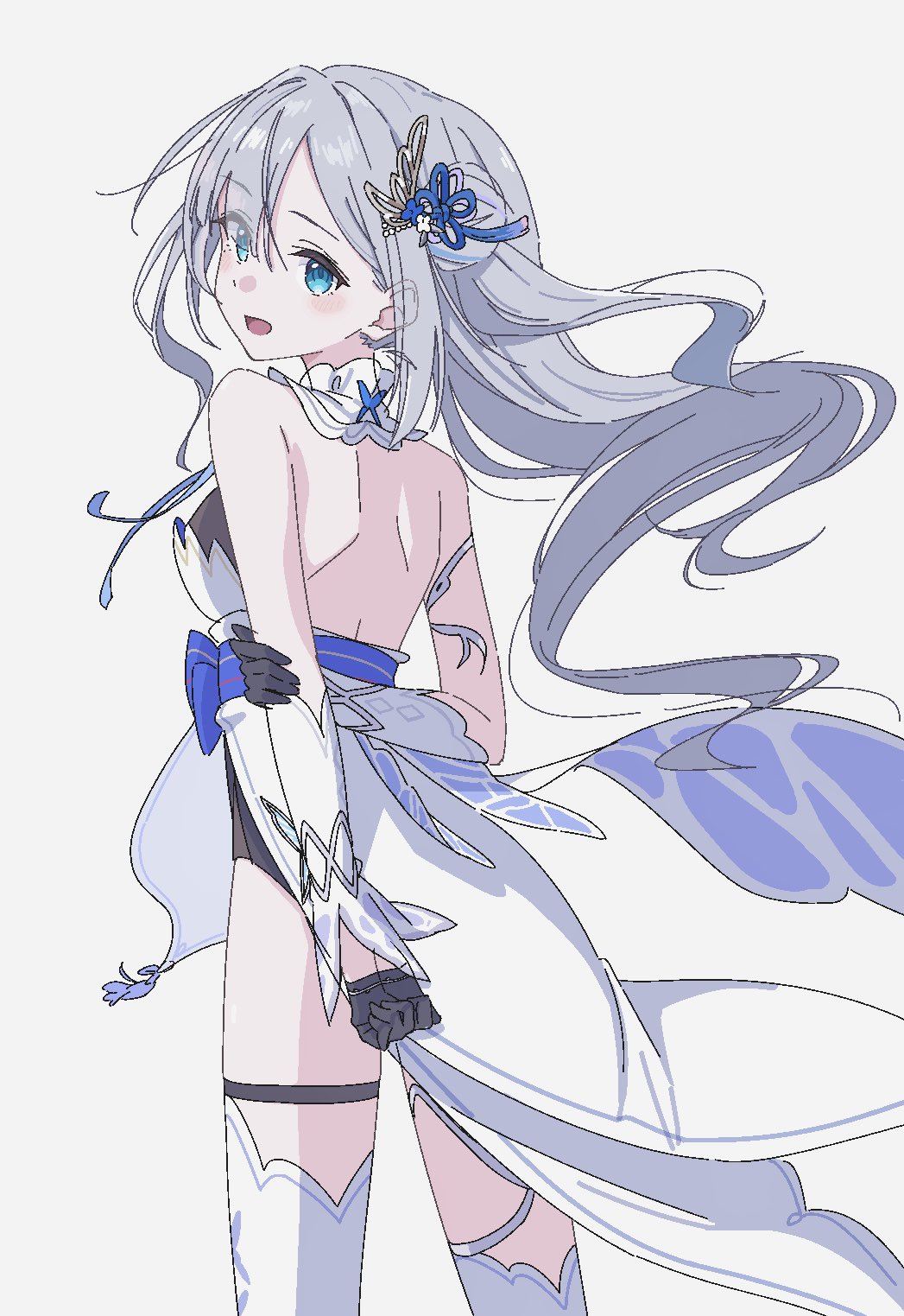 oninome tsuki, ichinose uruha, ichinose uruha (3rd costume), kaga sumire, kaga sumire (8th costume), vspo!, highres, 1girl, aqua eyes, backless dress, backless outfit, bare back, bare shoulders, black gloves, blue eyes, blush, butterfly hair ornament, butterfly ornament, butterfly tattoo, clothes lift, detached sleeves, double bun, dress, from behind, gloves, grey hair, hair bun, hair ornament, half gloves, long hair, long sleeves, looking at viewer, looking back, navel, obi, sash, single ankle cuff, skirt, skirt hold, skirt lift, smile, solo, tattoo, thighhighs, virtual youtuber, white dress, white thighhighs, wind, wind lift