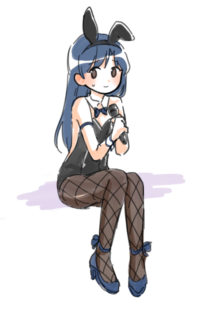 kisaragi chihaya, idolmaster, idolmaster (classic), highres, 1girl, animal ear hairband, animal ears, archive (user ufsk2755), black leotard, blue hair, bow, bowtie, detached collar, fake animal ears, fishnet pantyhose, fishnets, full body, hairband, high heels, holding, holding microphone, leotard, long hair, looking to the side, microphone, pantyhose, playboy bunny, rabbit ear hairband, rabbit ears, sideways glance, sitting, solo, strapless, strapless leotard, sweatdrop, wrist cuffs
