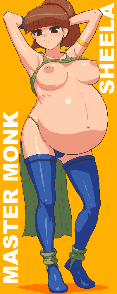 tenseiani, sheela, sega, shining (series), shining force ii, 1girl, armlet, arms behind head, blue thighhighs, breasts, brown eyes, brown hair, cape, clothes lift, female focus, happy, jewelry, large breasts, looking at viewer, nipples, oekaki, ponytail, pregnant, shirt lift, simple background, smile, solo, standing, thighhighs, yellow background