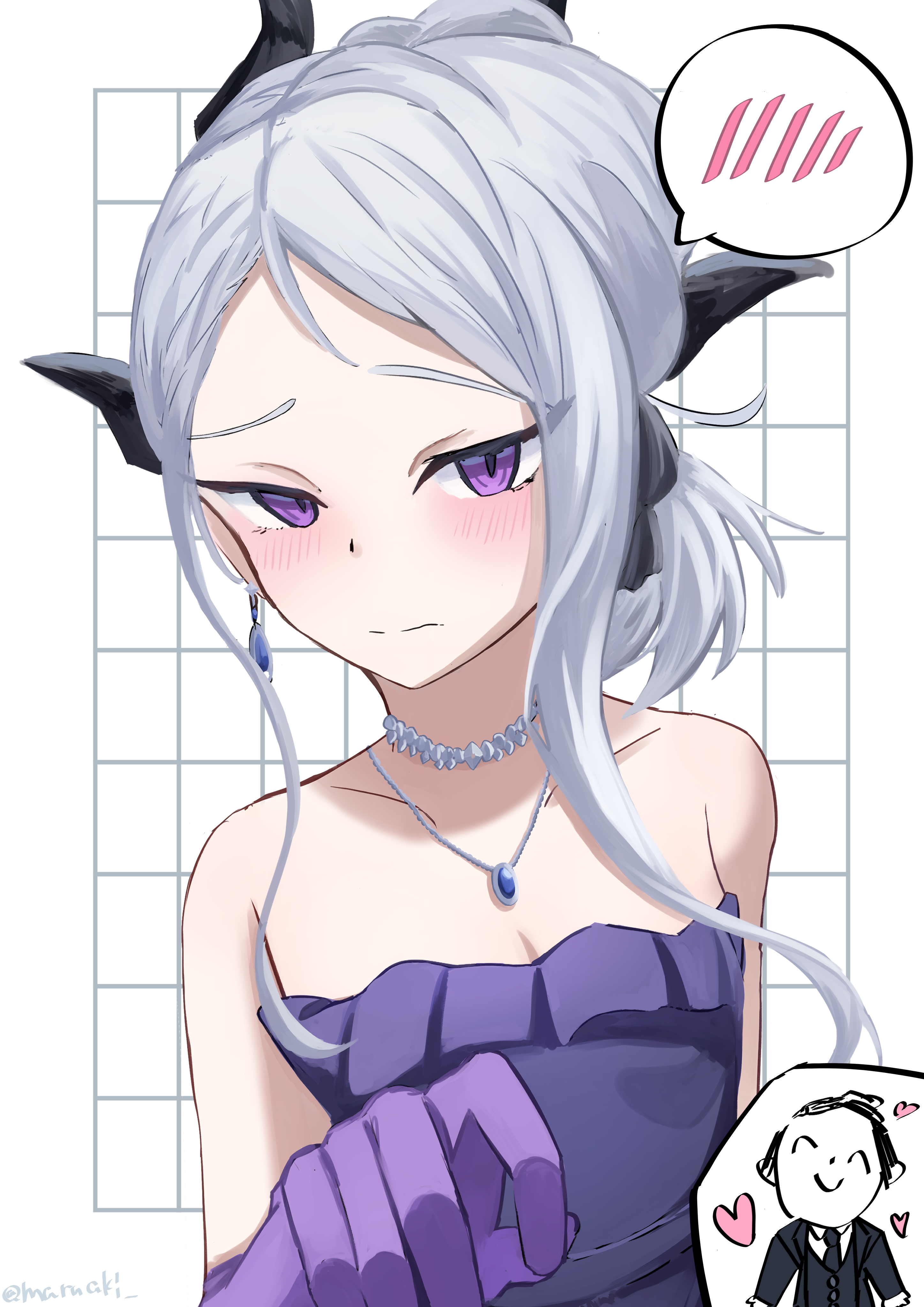 maruaki, doodle sensei (blue archive), hina (blue archive), hina (dress) (blue archive), sensei (blue archive), blue archive, absurdres, commentary request, highres, 1boy, 1girl, bare shoulders, black jacket, black necktie, black vest, blush, breasts, cleavage, closed mouth, collarbone, collared shirt, dress, elbow gloves, forehead, frilled dress, frills, gloves, grey hair, grid background, horns, jacket, jewelry, necktie, parted bangs, pendant, purple dress, purple eyes, purple gloves, shirt, small breasts, solo focus, spoken blush, strapless, strapless dress, vest, white background, white shirt