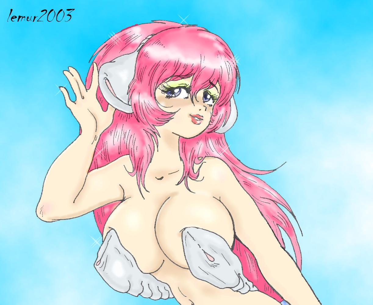 araki gentaro, aina fieeria, neo gentle, 1girl, bare shoulders, blue background, breasts, female focus, gradient background, large breasts, lemur 2003, long hair, looking at viewer, medium breasts, pink hair, pink theme, revealing clothes, sexbeast, simple background, solo, upper body