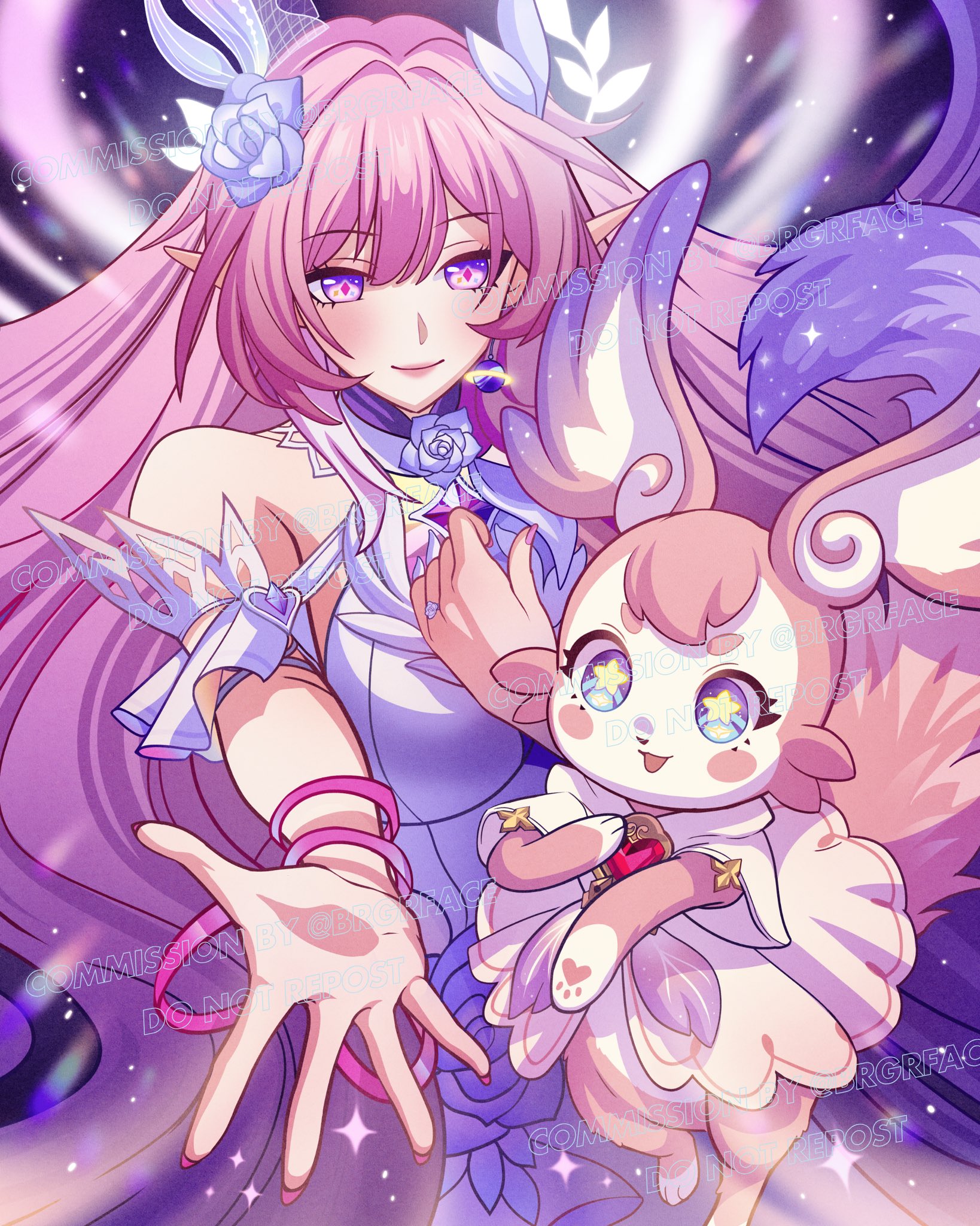cyrene (honkai: star rail), cyrene (ripples of past reverie) (honkai: star rail), mem (honkai: star rail), honkai: star rail, honkai (series), commentary, commission, english commentary, highres, second-party source, 1girl, bare shoulders, blue eyes, breasts, brgrface, detached sleeves, diamond-shaped pupils, diamond (shape), dress, earrings, flower, hair flower, hair ornament, halo, hand on own chest, jewelry, large breasts, long hair, pink hair, pointy ears, purple eyes, reaching, reaching towards viewer, star-shaped pupils, star (symbol), symbol-shaped pupils, very long hair, white dress