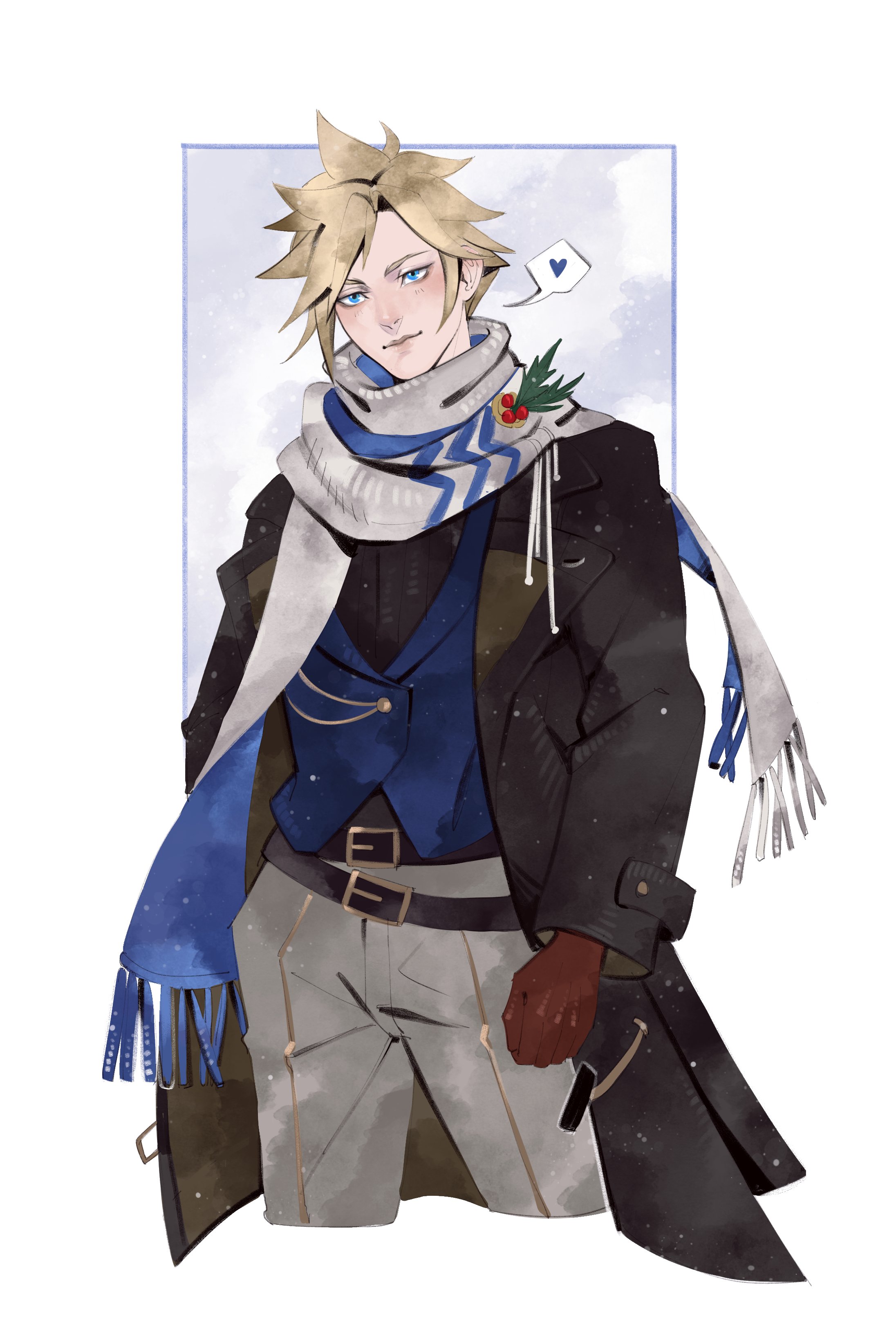 robasarel, cloud strife, final fantasy, final fantasy vii, final fantasy vii ever crisis, absurdres, highres, 1boy, belt, black belt, black coat, black shirt, blonde hair, blue eyes, blue scarf, blue vest, border, cloud strife (holiday outfit), coat, cropped legs, gloves, grey background, grey pants, heart, male focus, mistletoe, official alternate costume, pants, prototype design, red gloves, scarf, shirt, short hair, solo, spiked hair, spoken heart, two-sided scarf, vest, waistcoat, white border, white scarf, winter clothes