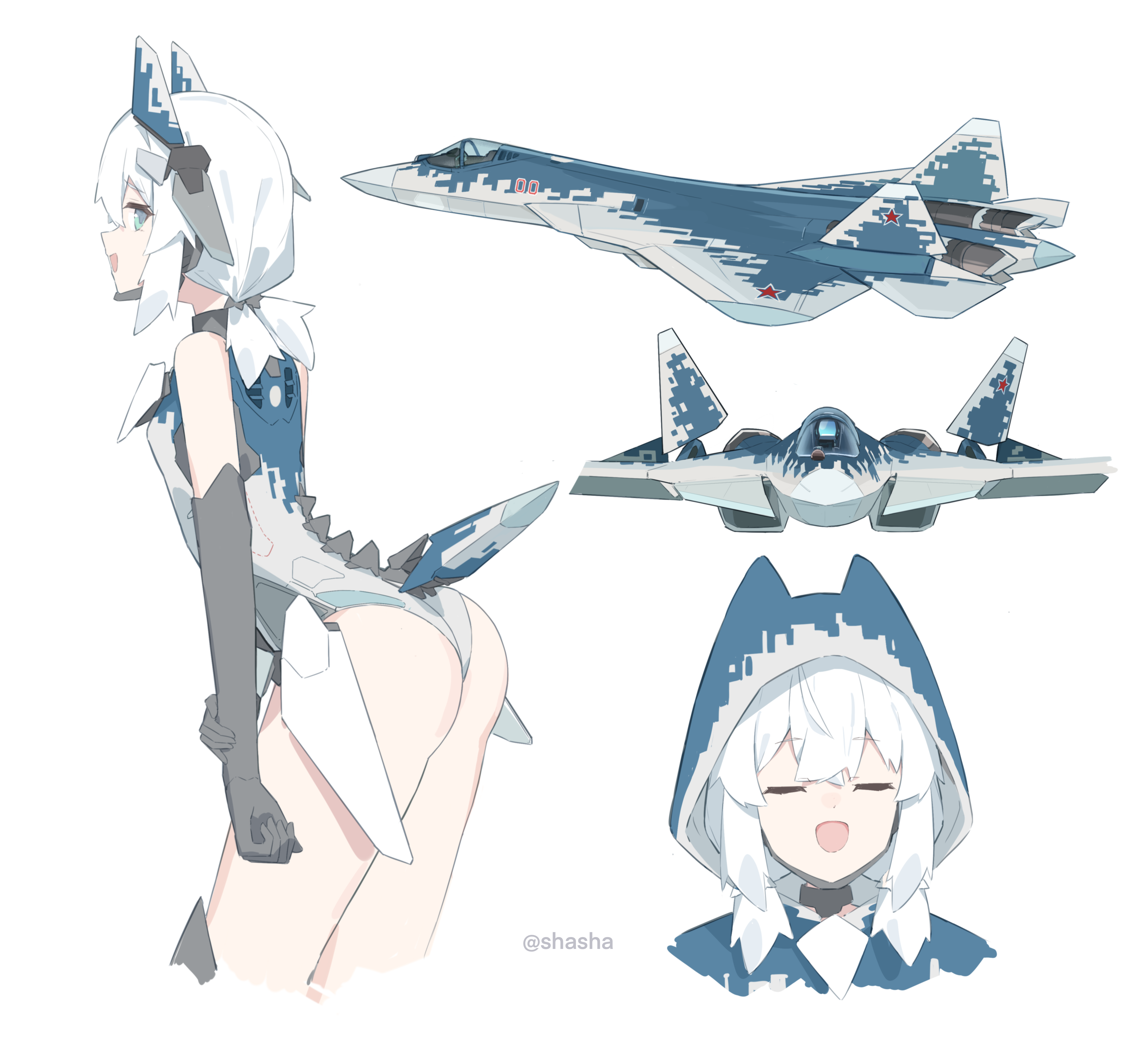 shasha (shasha159357), su-57, su-57 (personification), original, absurdres, highres, 1girl, aircraft, airplane, aqua eyes, ass, breasts, closed eyes, elbow gloves, fighter jet, full body, gloves, leotard, low twintails, mecha musume, medium hair, military, military vehicle, multiple views, personification, poncho, short twintails, small breasts, twintails, white hair
