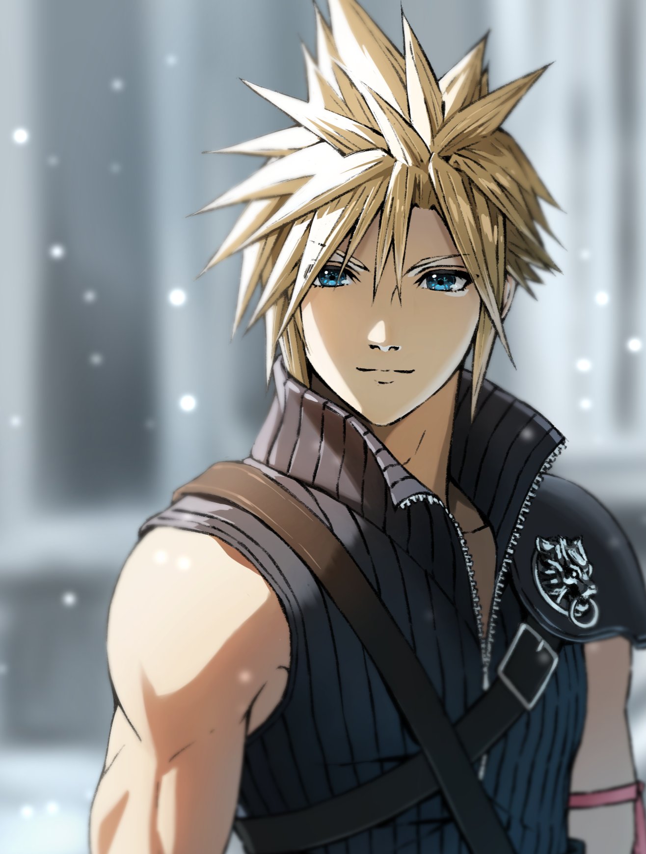 zupakyo, cloud strife, fenrir (final fantasy), final fantasy, final fantasy vii, final fantasy vii advent children, highres, 1boy, arm ribbon, armor, black vest, blonde hair, blue eyes, blurry, blurry background, church, closed mouth, hair between eyes, light smile, male focus, pauldrons, pink ribbon, ribbon, short hair, shoulder armor, single bare shoulder, single pauldron, solo, spiked hair, sunlight, upper body, vest