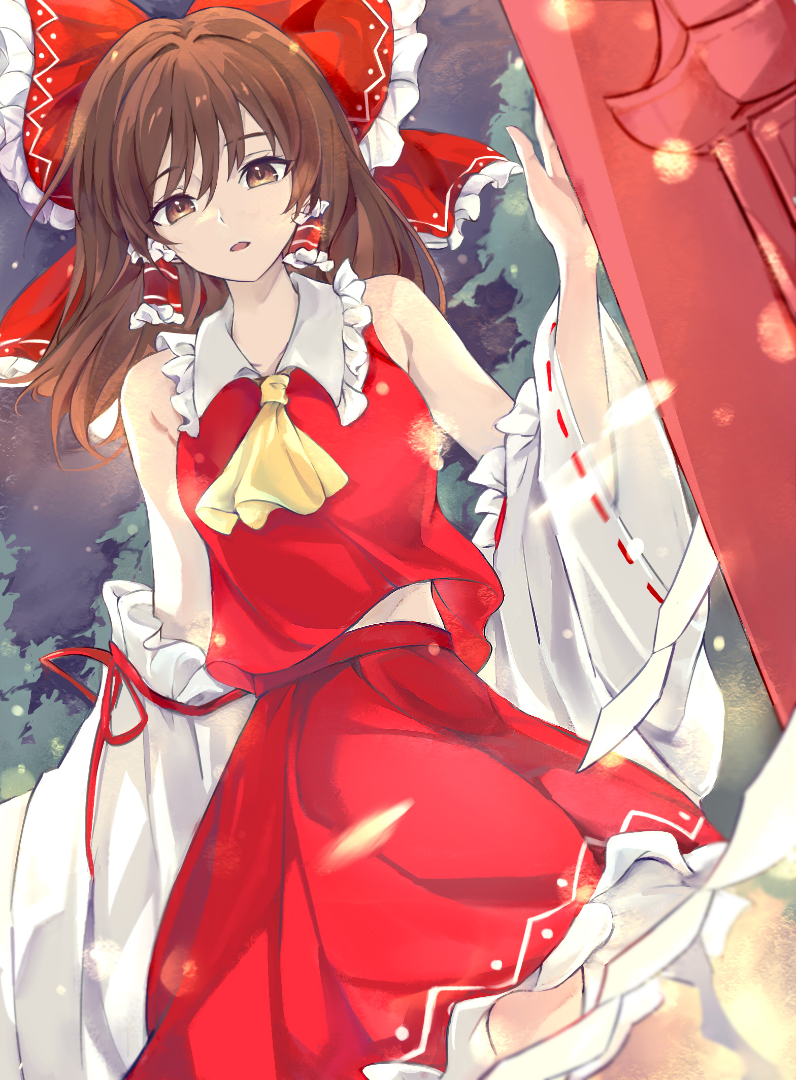 xinxin, hakurei reimu, touhou, commentary request, highres, 1girl, ascot, bow, breasts, brown eyes, brown hair, detached sleeves, frilled bow, frilled hair tubes, frills, hair bow, hair tubes, long hair, looking at viewer, night, night sky, open mouth, red bow, red skirt, ribbon-trimmed sleeves, ribbon trim, skirt, skirt set, sky, solo, yellow ascot