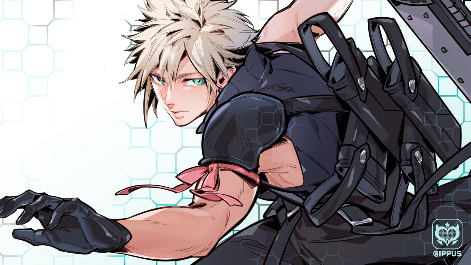 ippus, cloud strife, final fantasy, final fantasy vii, final fantasy vii advent children, highres, 1boy, aqua eyes, arm ribbon, armor, artist name, black gloves, black vest, blonde hair, earrings, fighting stance, fusion swords, gloves, hair between eyes, holding, holding sword, holding weapon, jewelry, male focus, pauldrons, pink ribbon, ribbon, short hair, shoulder armor, single bare shoulder, single earring, single pauldron, solo, spiked hair, sword, twitter username, vest, weapon, white background